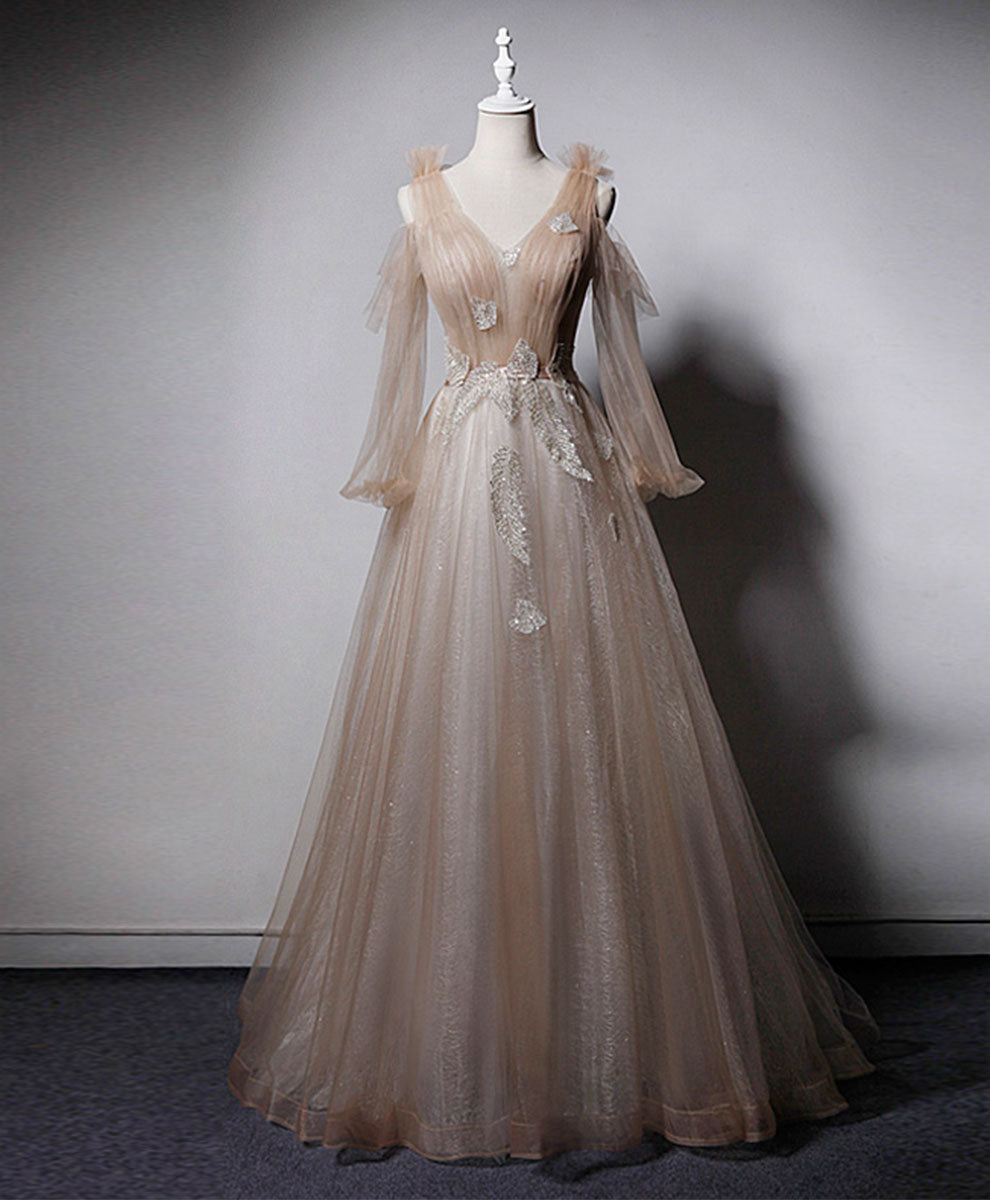 Elegant Champagne V-Neck Tulle Lace Long Prom Dress for Women - Formal Evening Gown for Homecoming, Wedding, and Special Occasions