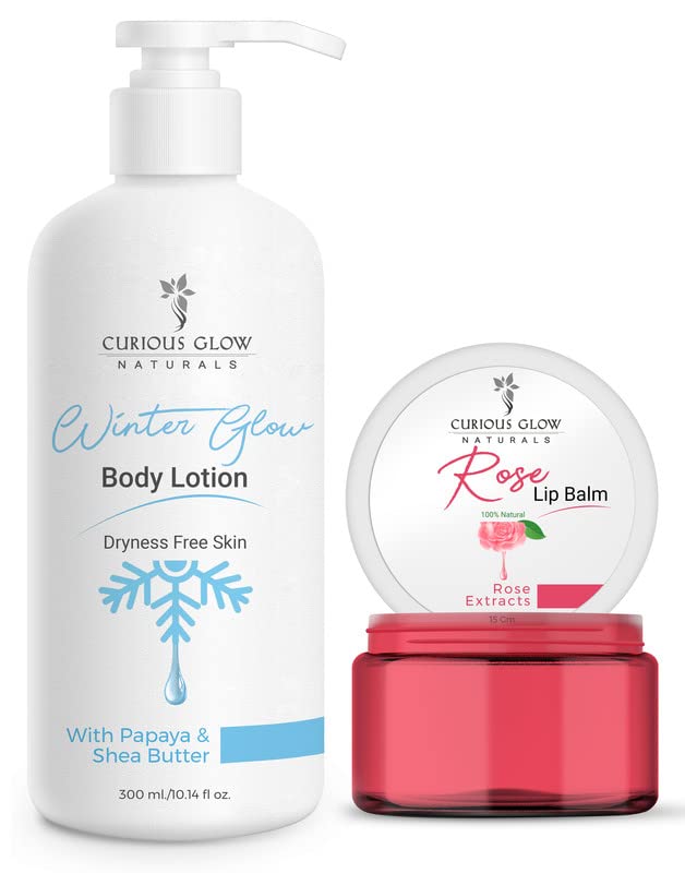 Curious Glow Winter Body Lotion & Rose Lip Balm Set with Essential Oils - Deep Moisturizing for Dry Skin, Restores Natural Glow - Unisex Skincare Gift (315g) | Perfect for Cold Weather Hydration & Daily Lip Care