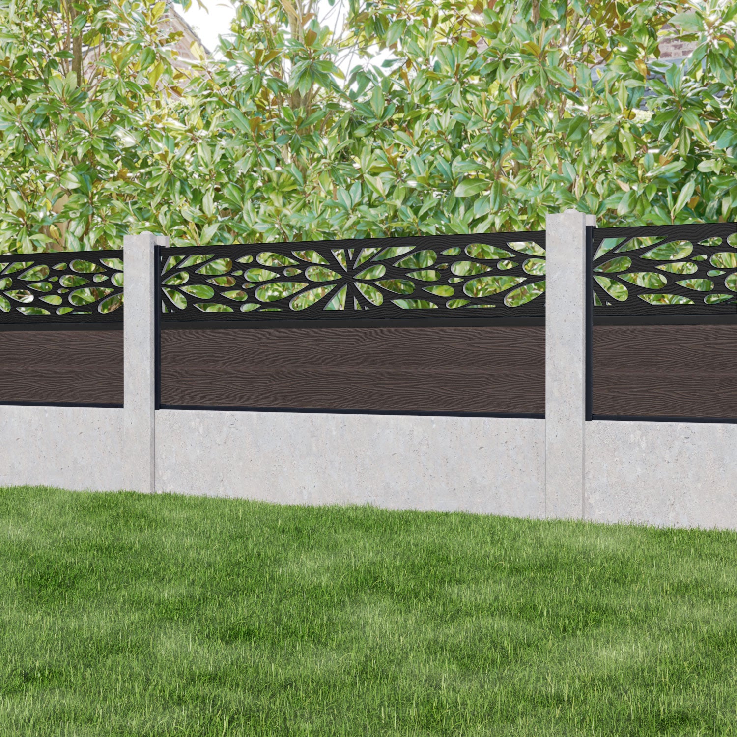 Classic Blossom Fence Panel - Mid Brown Wooden Garden Fence for Concrete Posts | Outdoor Privacy Screen, Backyard Decoration & Landscape Design