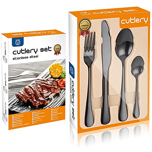 24-Piece Stainless Steel Silverware Flatware Set with Gift Box - Knives, Forks, Spoons for Restaurant, Kitchen & Home Dining - Elegant Black Tableware for Dinner Parties, Weddings & Daily Use