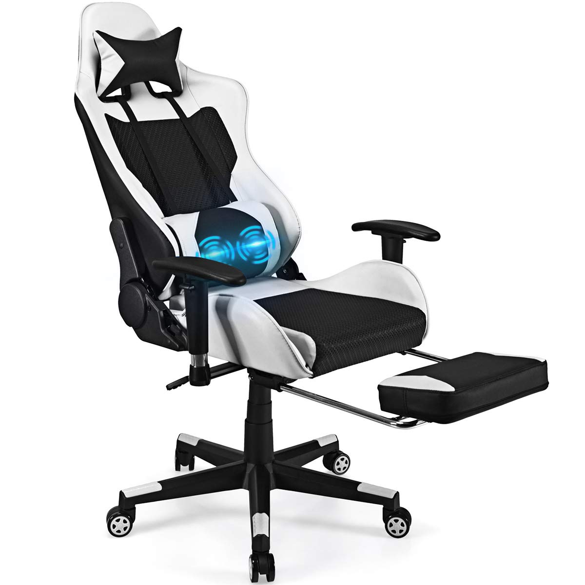 POWERSTONE Ergonomic Gaming Chair with Footrest - High Back Massage Leather Recliner for Women, Racing Esports Computer Desk Chair, Swivel Rolling Office Chair (White) - Perfect for Gaming, Streaming, and Home Office Work