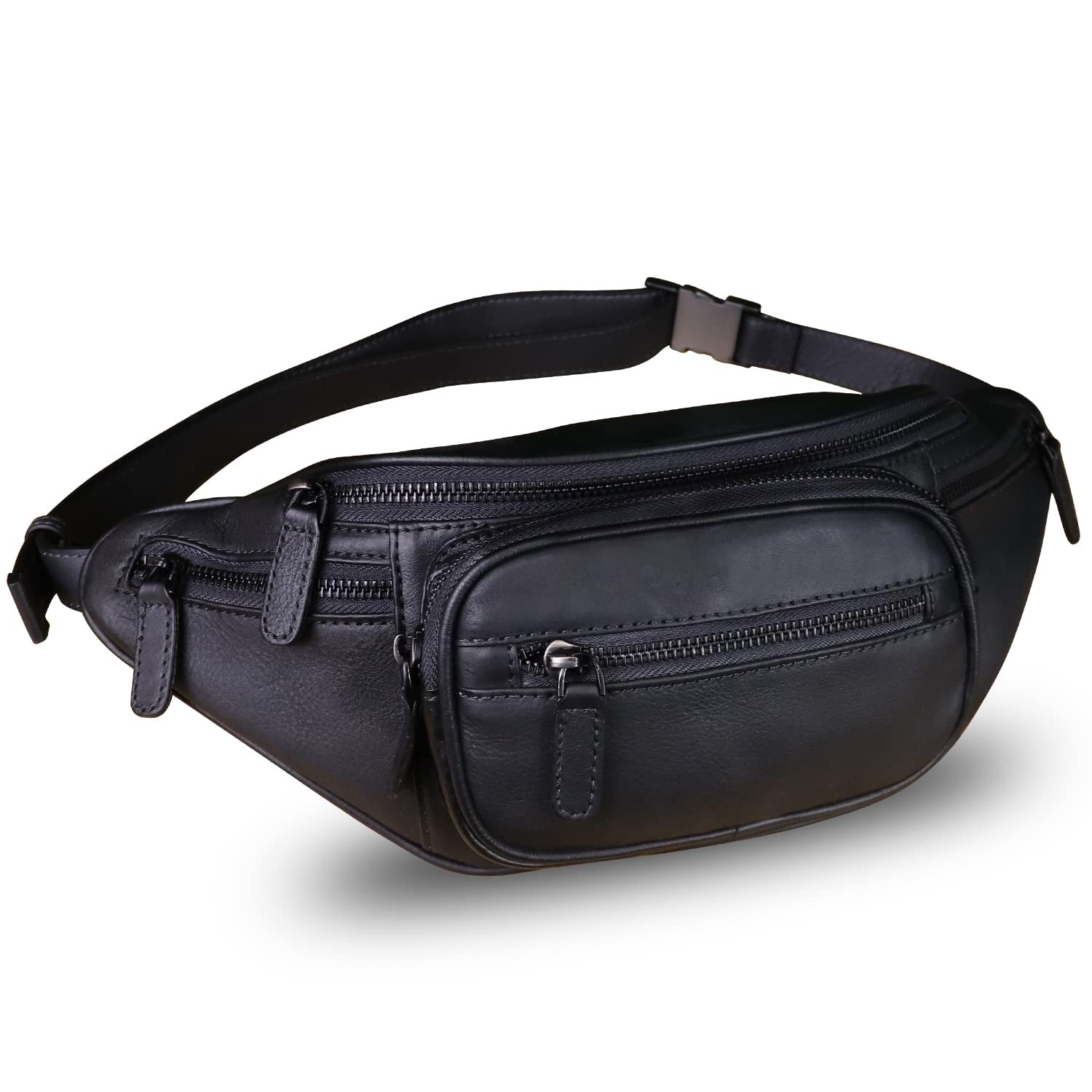 Genuine Leather Fanny Pack Waist Bag - Waterproof Hiking Sling Bag for Men & Women - Multi-Pocket Travel Pouch for Running, Cycling, Outdoor Adventures (Dark Grey) - Perfect for Gym, Travel & Daily Use