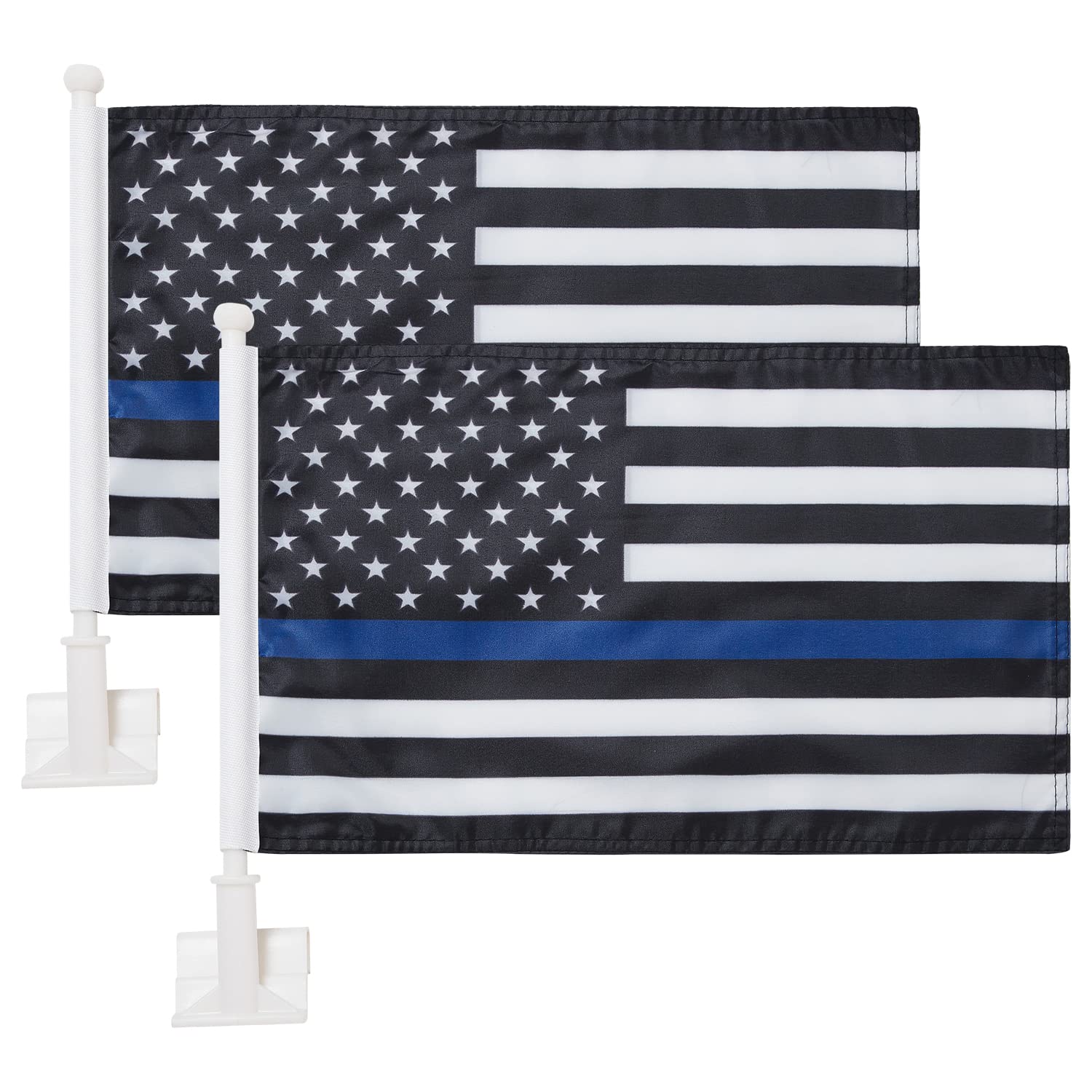 2 Pack Thin Blue Line USA Police Car Flags with Poles - Durable Outdoor American Policemen Flags for Cars, Trucks, and Parades