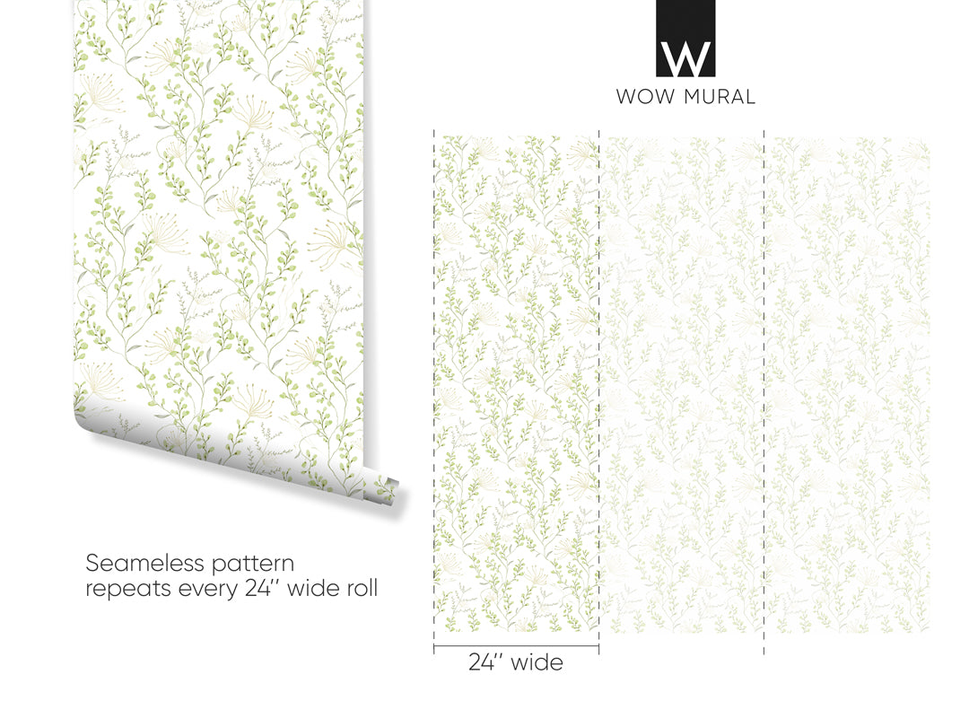 Green Wildflowers Wallpaper W046 - Self-Adhesive Peel and Stick Wallpaper for Bedroom, Living Room, Bathroom - Floral Botanical Decor for Home & Office