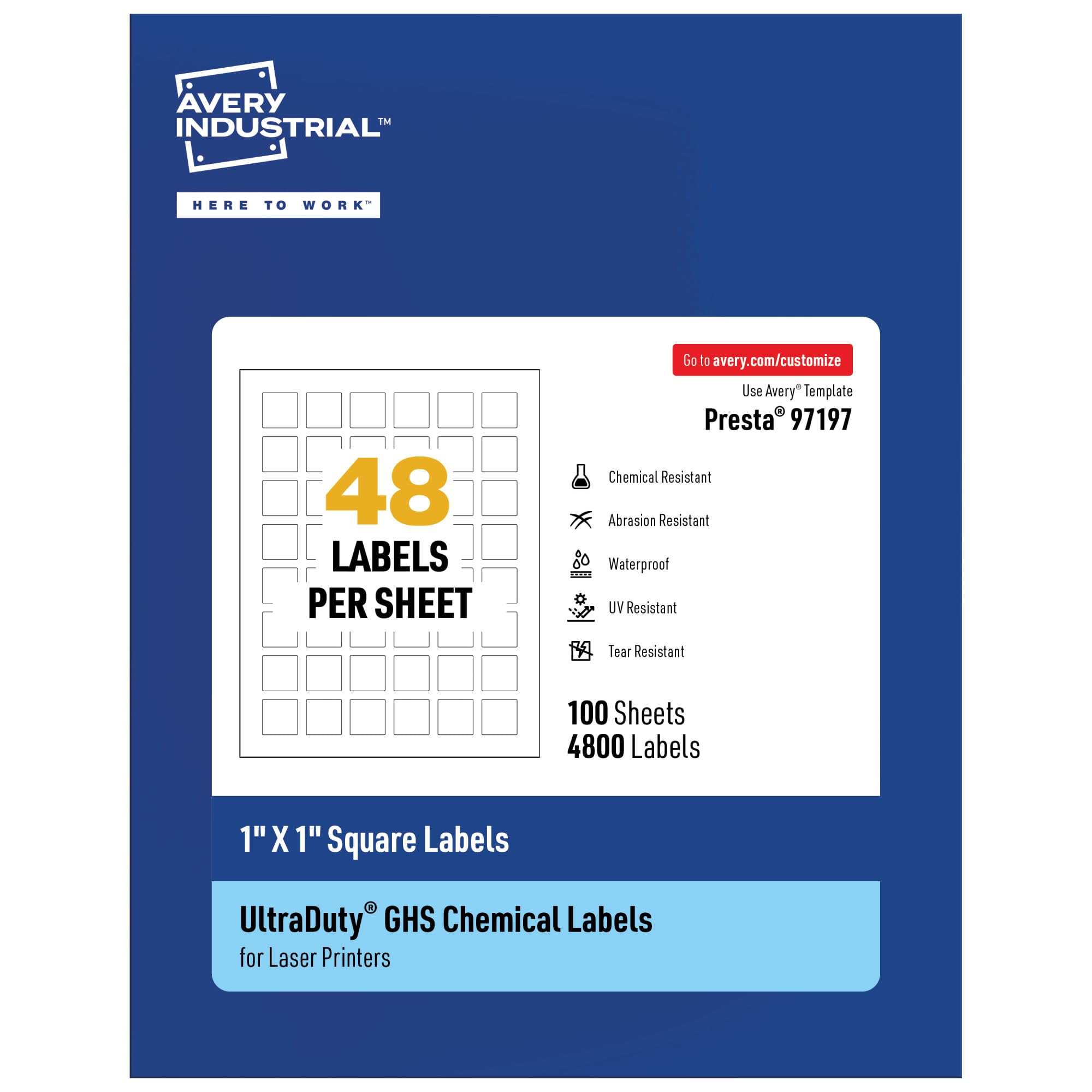Avery UltraDuty GHS Labels - 1x1 Inch Waterproof Square Labels (4800 Pack, White) for Laser Printers - Ideal for Chemical Containers, Safety Compliance & Industrial Labeling