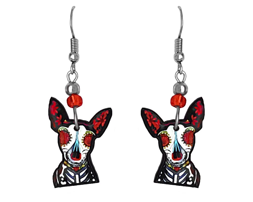 Handmade Sugar Skull Dog Dangle Earrings - Day of The Dead Pet Lover Jewelry for Women | Gothic Boho Fashion Accessories for Halloween & Mexican Festival Celebrations