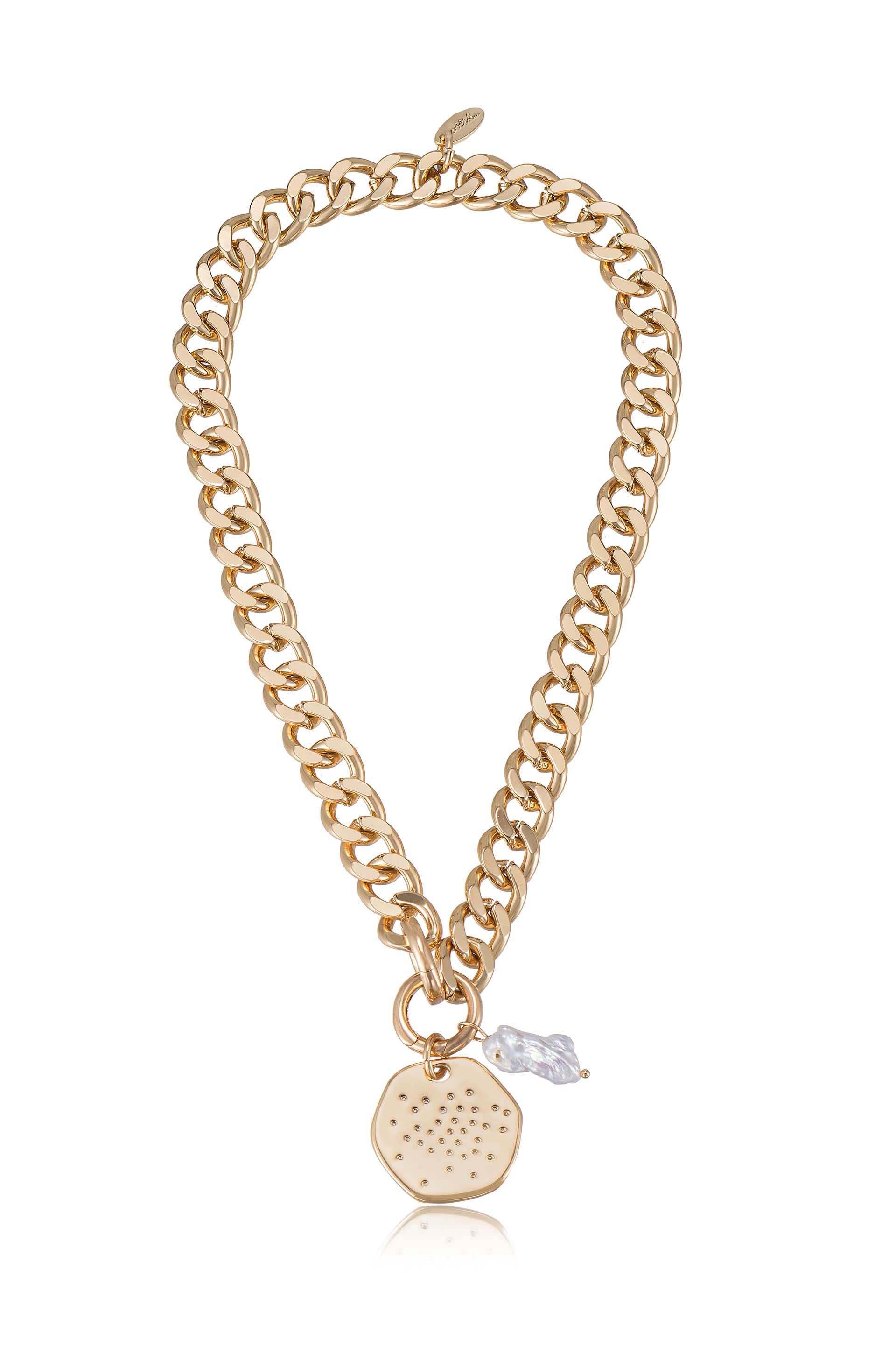 Lola Pearl & Medallion Chain Link Choker Necklace - Elegant Layered Jewelry for Women, Perfect for Parties, Weddings & Date Nights