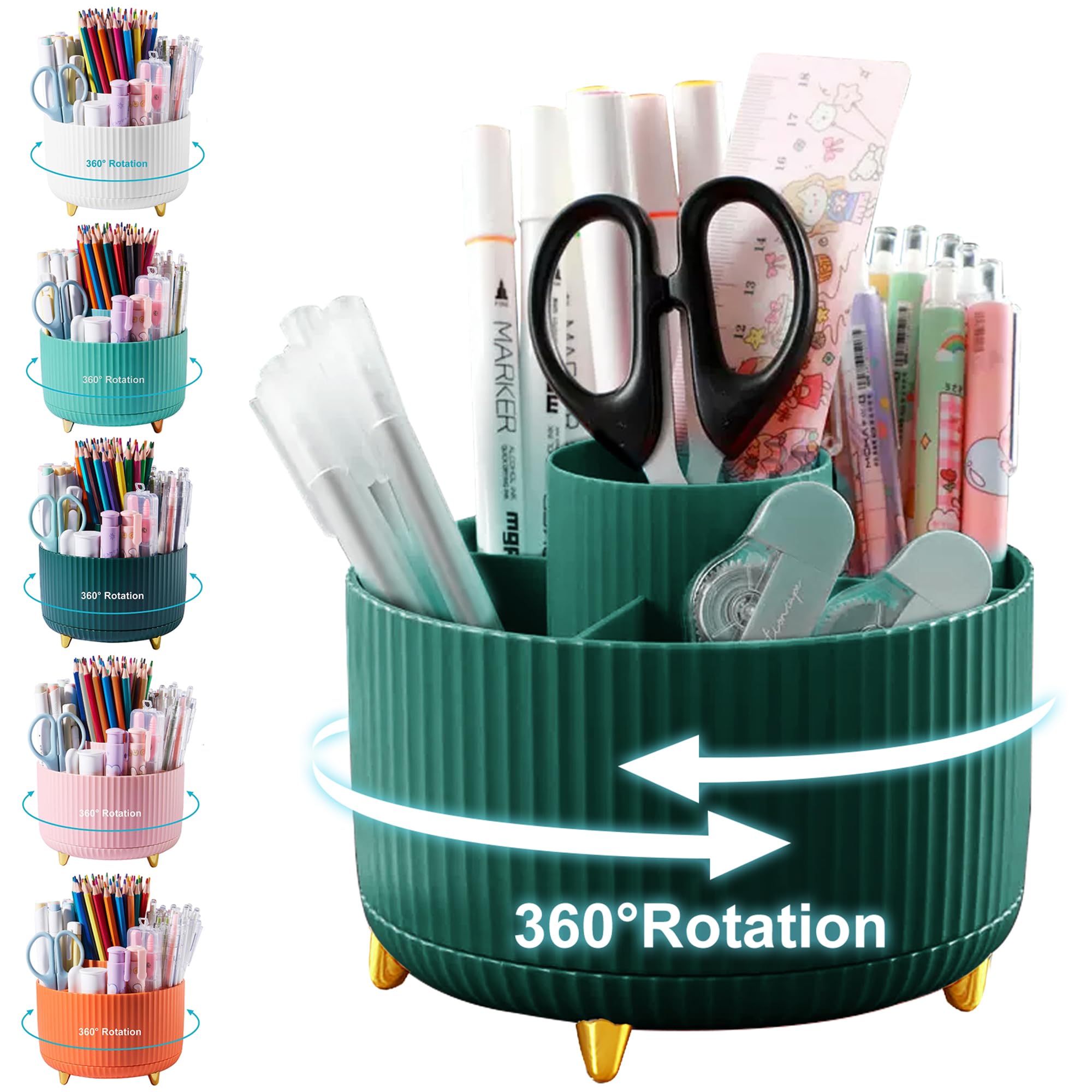 360° Rotating 5-Slot Desk Pencil Holder Organizer - Cute Green Stationery Storage Cup for Office, School & Home - Perfect for Organizing Pens, Markers, Scissors & Art Supplies on Your Workspace