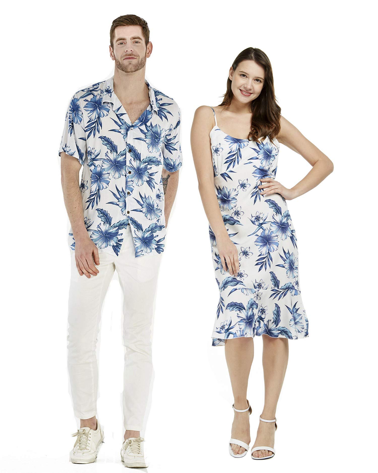 **Hawaiian Couple Matching Outfit - Luau Shirt & Mermaid Dress with Blue Leaf Print | Perfect for Beach Vacations, Summer Parties & Tropical Getaways**