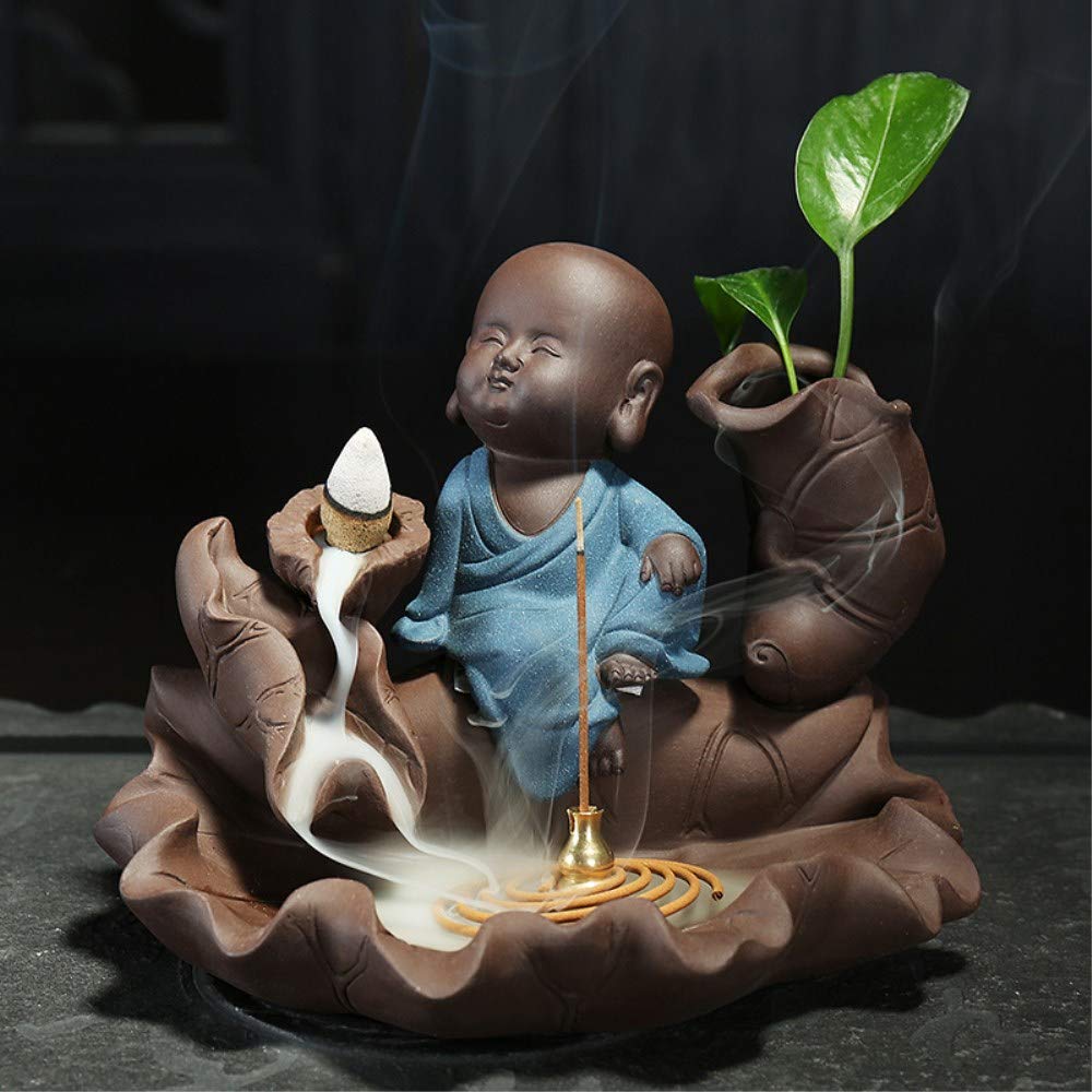 Lotus Wonderland Backflow Incense Burner - Buddha Lotus Ceramic Vase with Copper Gourd for Aromatherapy | Home Decor, Meditation Room & Yoga Studio Essential (Blue)