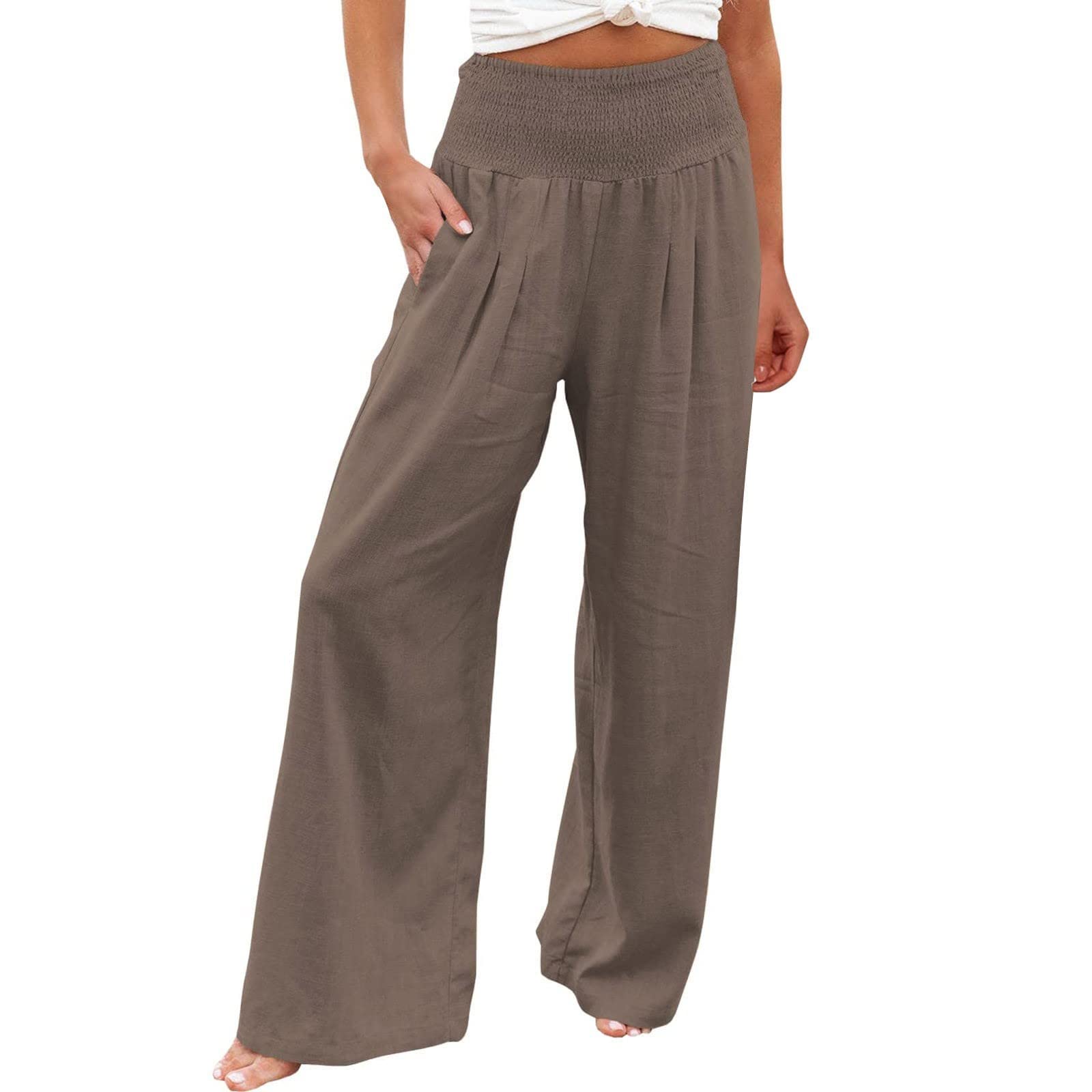 Women's High Waist Linen Pants - Wide Leg Palazzo Trousers for Summer & Beach