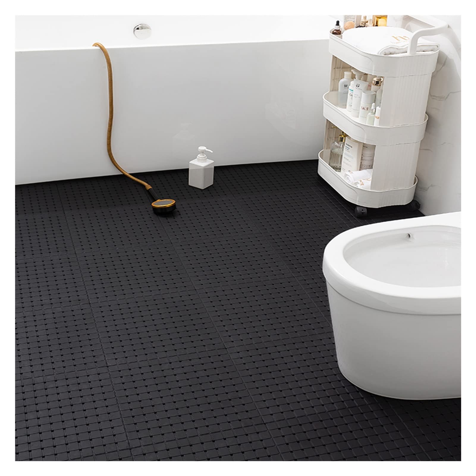 Non-Slip Rubber Bath Mat 30x30cm - Interlocking Waterproof Floor Tiles with Drainage Holes & Suction Cups - Anti-Skid Shower Mat for Bathroom, Kitchen, Gym - Easy to Clean & Durable (Black, 32-Piece Set) - Perfect for Wet Areas, Saunas & Poolside Safety