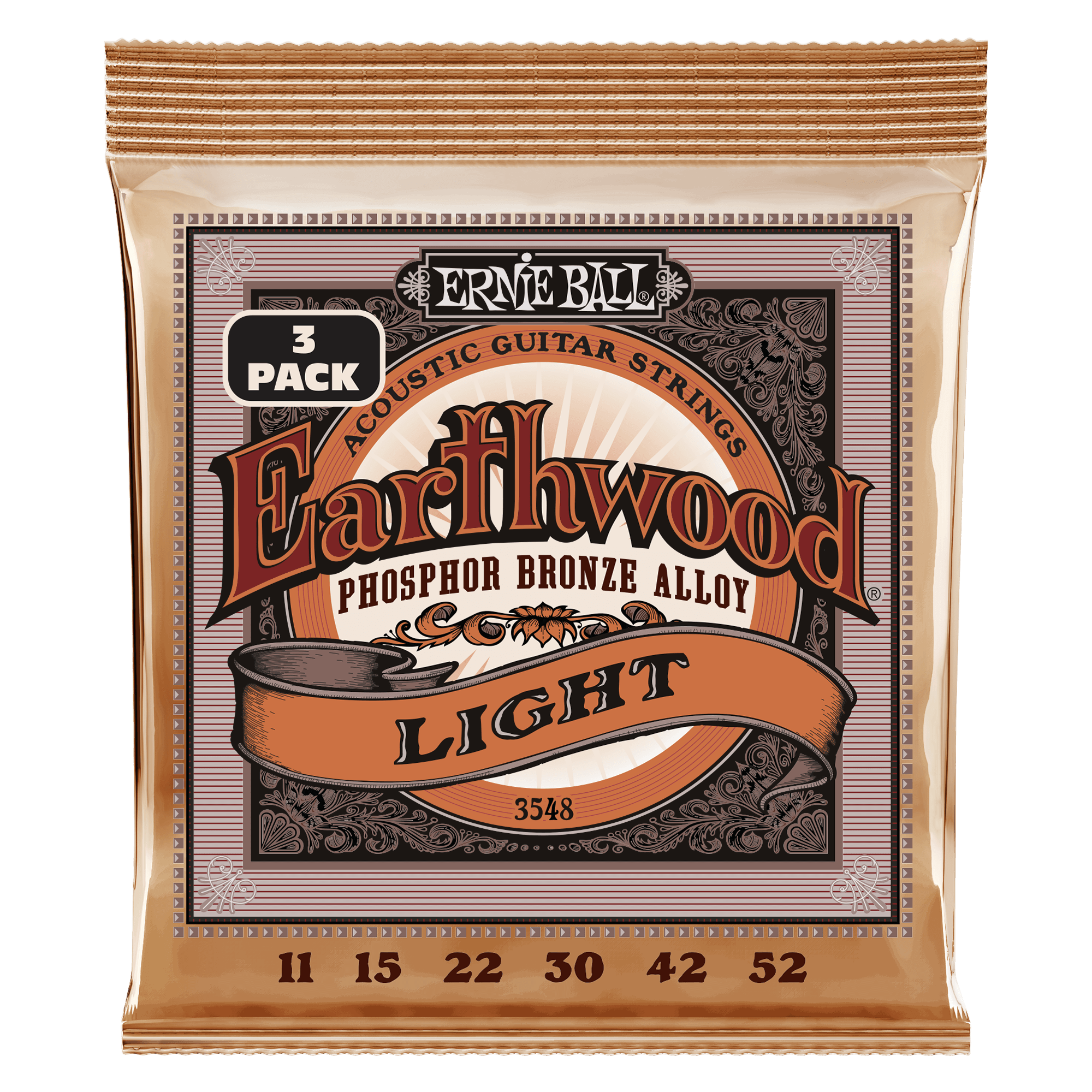 Ernie Ball Earthwood Light Phosphor Bronze Acoustic Guitar Strings 3-Pack (11-52 Gauge) - Perfect for Folk, Country & Fingerstyle Playing