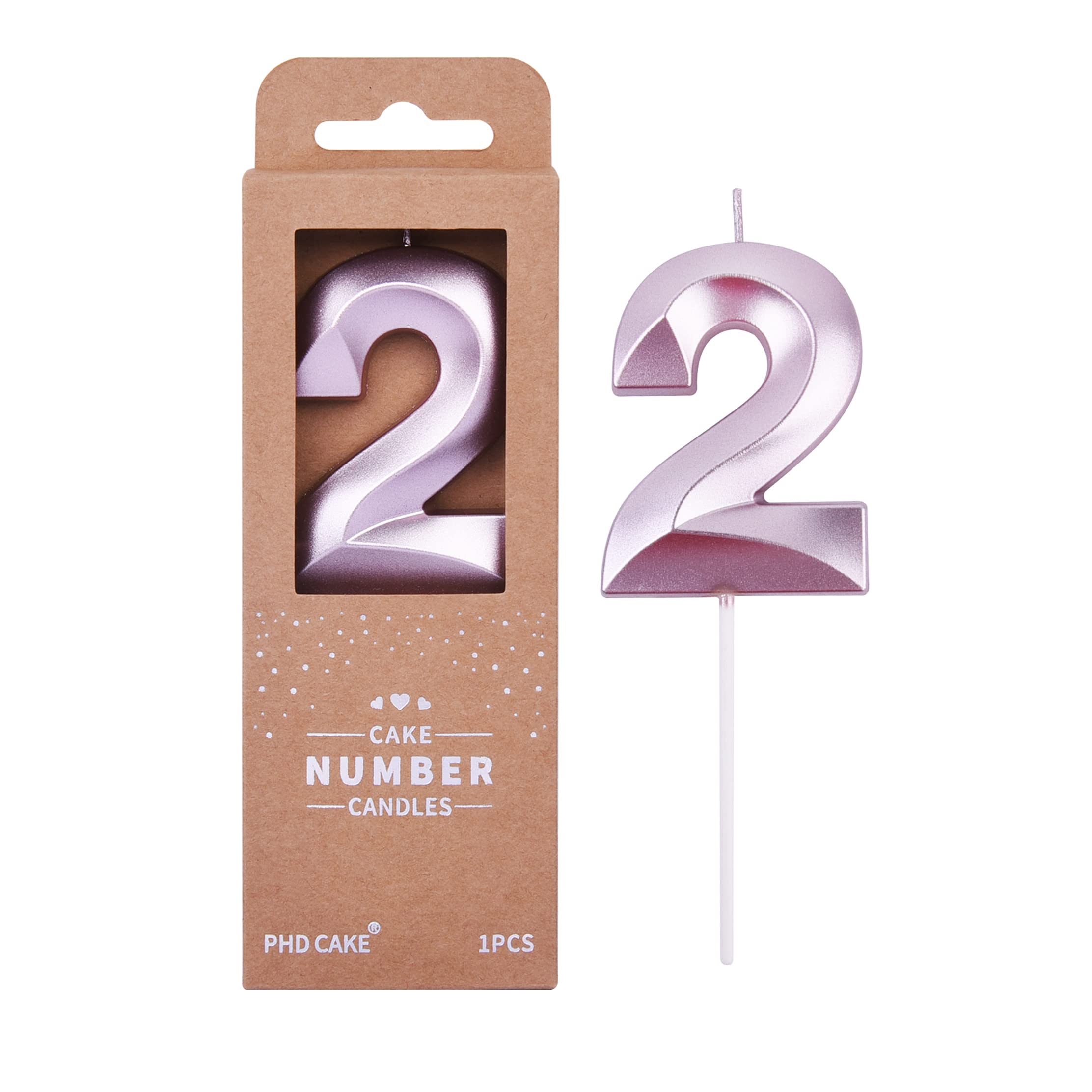 PHD CAKE 2.76 Inch Diamond Rose Gold Number 2 Birthday Candles - Elegant Rose Gold Cake Toppers for Birthday Parties, Weddings & Celebrations - Perfect for Cakes, Cupcakes and Dessert Decorations