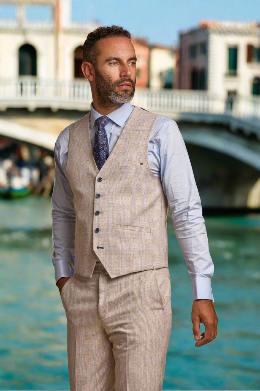 Cavani Caridi Men's Beige Tweed Waistcoat Vest | Slim Fit Formal Vest for Weddings, Business & Special Occasions