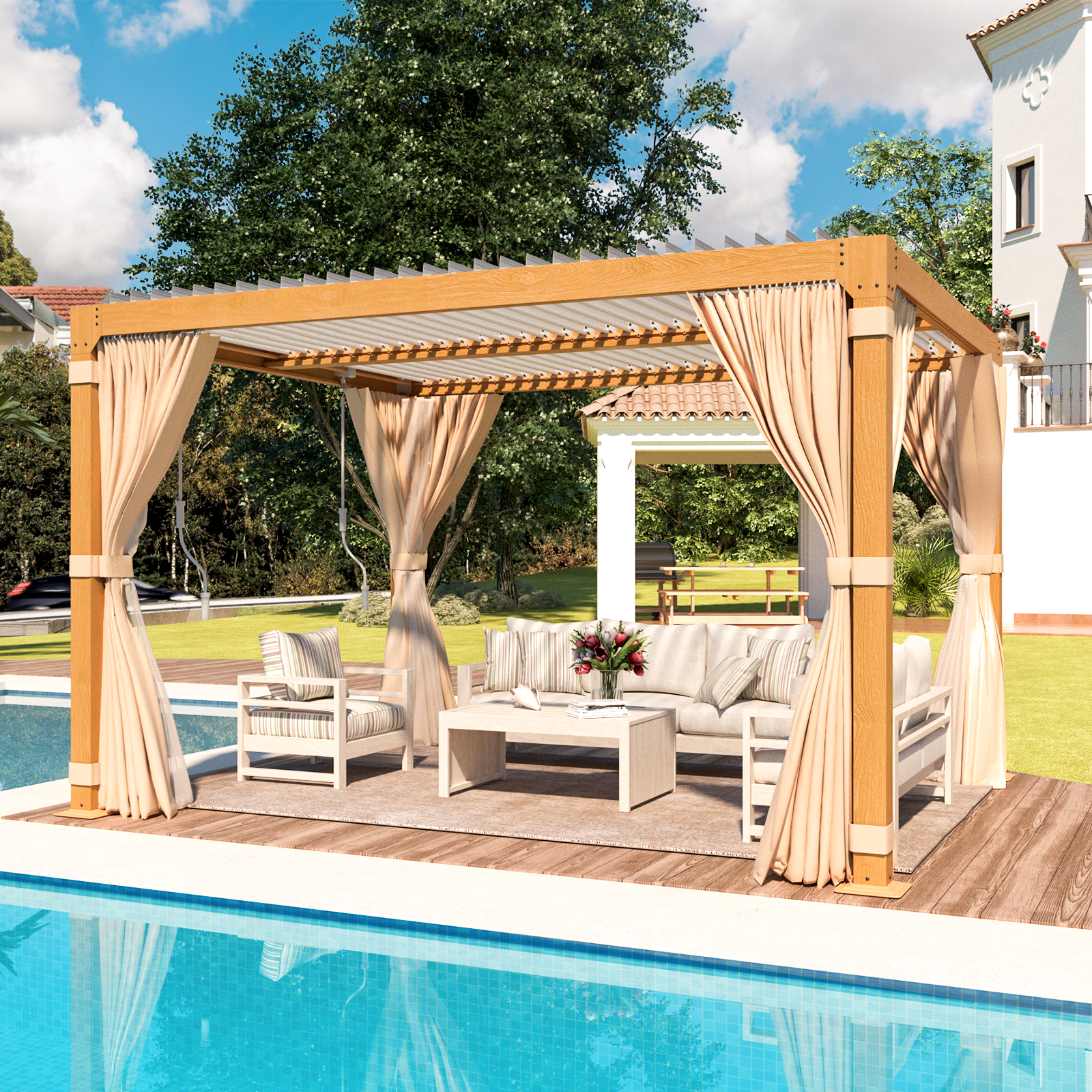 EROMMY 10X12 Pergola with Adjustable Louvered Roof - Wood Grain Finish for Patio, Backyard, and Outdoor Living Spaces