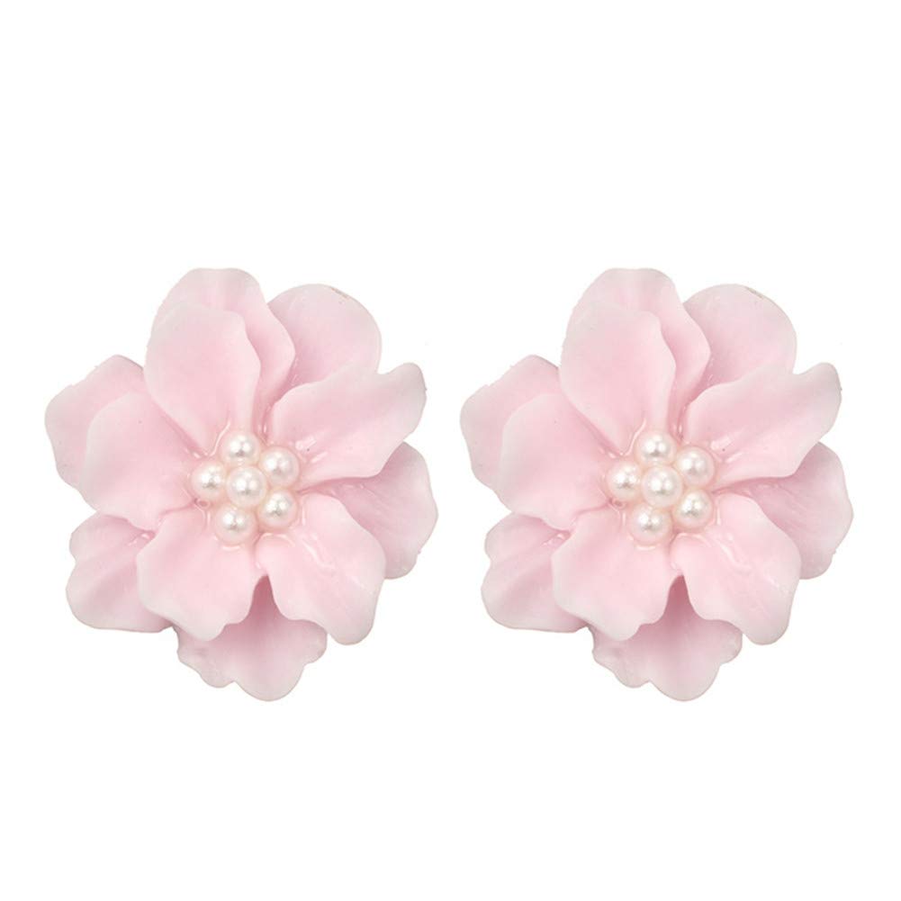 Women's Pink Camellia Flower Stud Earrings with White Pearls - Silver Tone Needle Ear Studs for Girls | Perfect for Weddings, Parties & Everyday Fashion Accessories