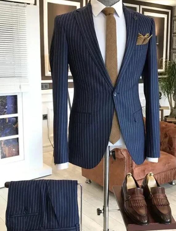 Slim Fit Navy Blue Pinstripe Men's Suit - One Button Notch Lapel Business Casual Two-Piece Set for Wedding, Groom & Office Wear | Formal Attire & Special Occasions