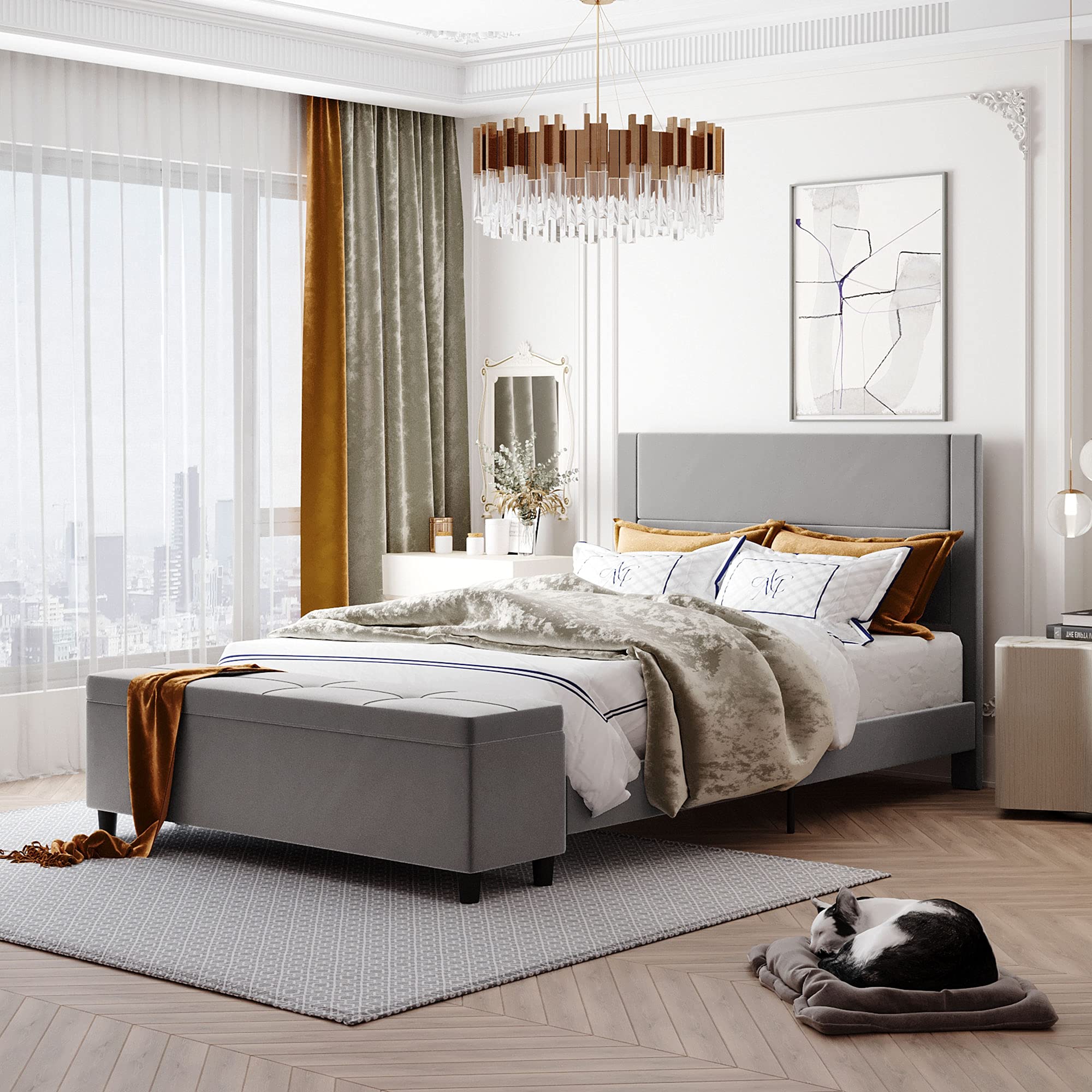 SQX Queen Size Upholstered Storage Bed with Headboard & Ottoman - Light Grey Platform Bed for Small Spaces | Bedroom Furniture for Modern Homes & Apartments