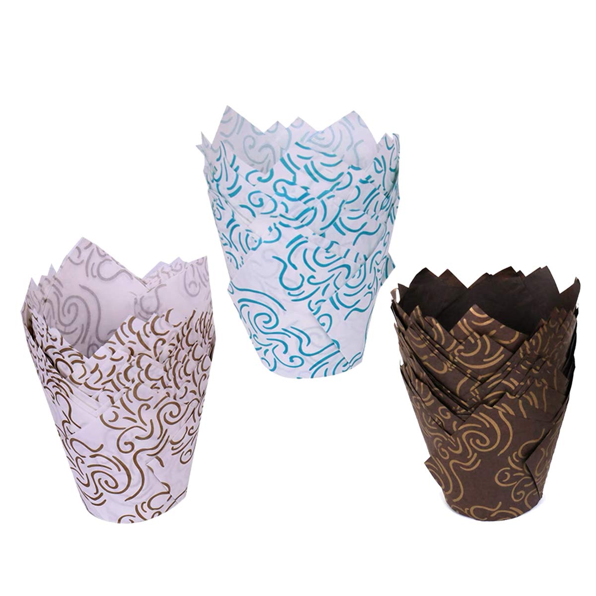 Premium Tulip-Shaped Cupcake Liners - 150 pcs Grease-Proof Baking Cups for Muffins & Cupcakes (Brown, Blue, White) | Perfect for Wedding, Birthday Party & Holiday Baking Decorations