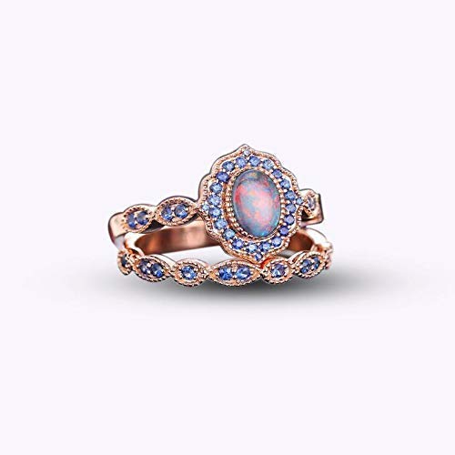 Black Opal & Blue Sapphire Engagement Ring Set in Rose Gold & 925 Silver - Vintage Art Deco Wedding Ring for Women, Antique Style Statement Jewelry - Perfect for Proposals, Anniversaries & Special Occasions