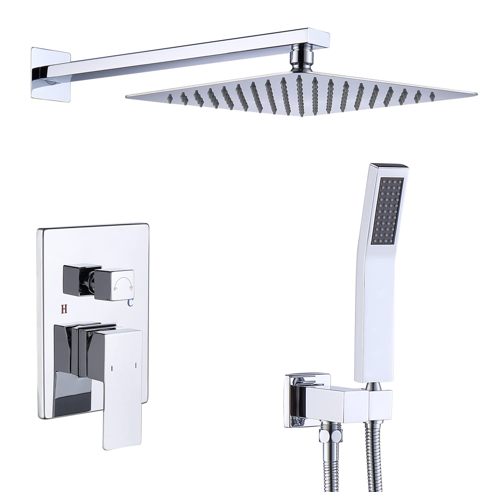 Uhitmi Wall Mounted Shower System Set - 12 Inch Rainfall Shower Head & Handheld Shower Combo with Brass Valve, Chrome Finish for Bathroom & Spa Experience