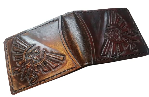 Legend of Zelda Double Hyrule Crest Men's 3D Genuine Leather Bifold Wallet - Handmade Carved & Tooled Leather Wallet with Airbrush Art | Perfect Gift for Gamers, Collectors & Zelda Fans | Everyday Carry, Gaming Conventions & Cosplay Accessory
