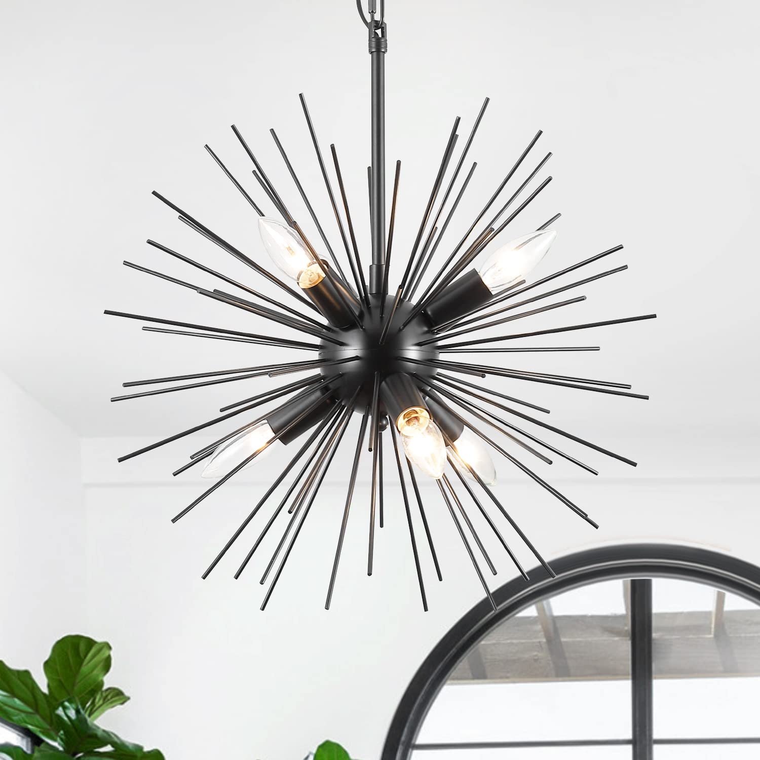 Modern Black Satellite Starburst Chandelier - 6-Light Sputnik Chandelier Fixture for Dining Room, Entryway, Foyer, Living Room & Kitchen Island - 18 Inch Diameter - Elegant Lighting for Modern & Mid-Century Home Decor