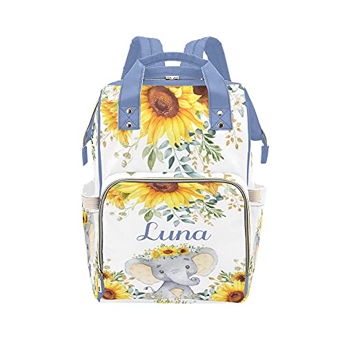 Cute Elephant Sunflower Diaper Bag - Waterproof Mummy Backpack with Name Customization - Nursing Nappy Tote for Women - Perfect Baby Shower Gift & Travel Essential