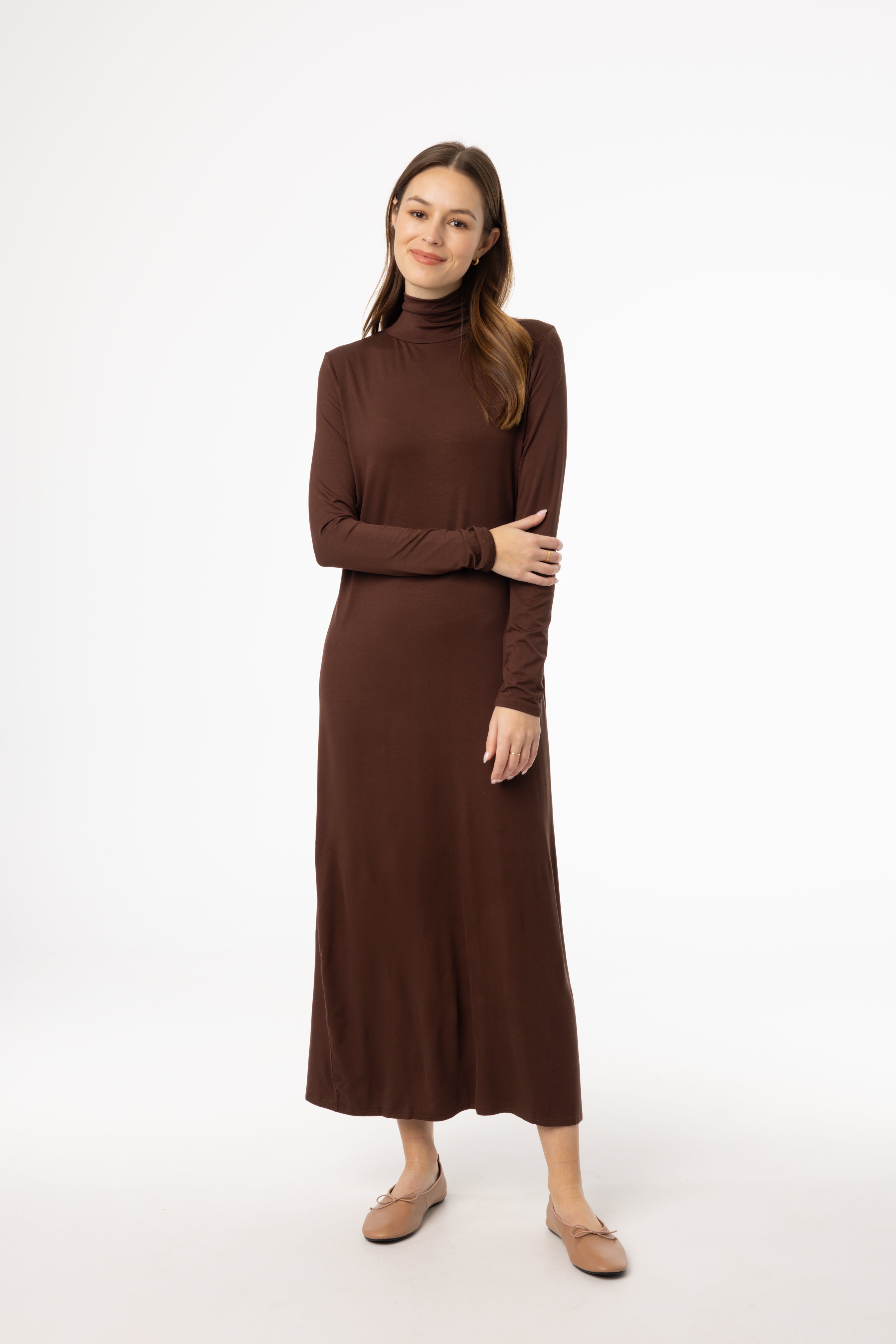 Elegant Brown Turtleneck Maxi Dress for Women - Soft Knit Long Sleeve Bodycon Dress - Perfect for Fall/Winter, Date Night & Office Wear