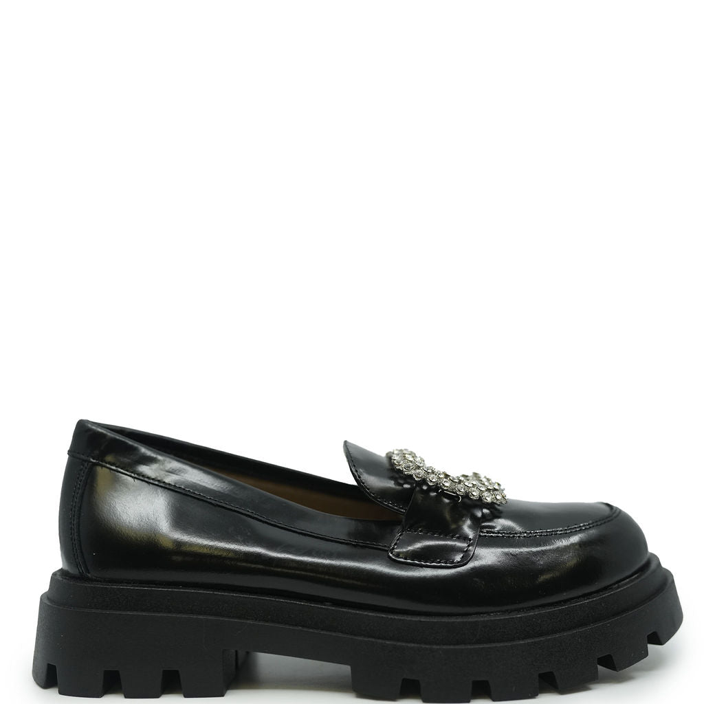 Stylish Black Leather Loafers with Embellished Buckle & Confetti Details - Perfect for Office, Parties & Casual Outings