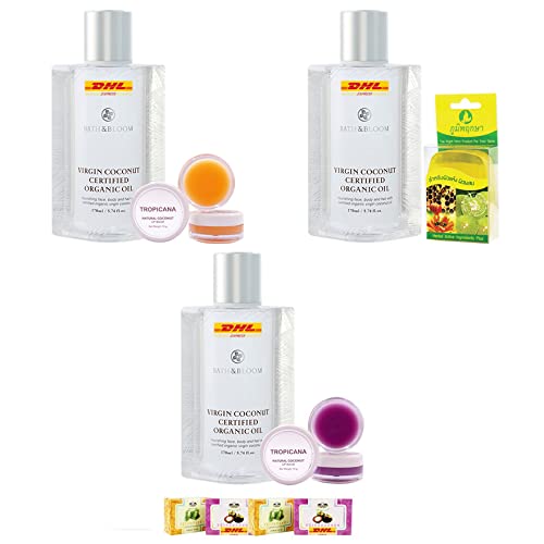 Organic Virgin Coconut Oil by DHL Bath & Bloom - USDA Certified, 5.75 Fl Oz (Pack of 3) - Perfect for Cooking, Skin Care & Hair Treatment - Includes Free Tomato Facial Mask