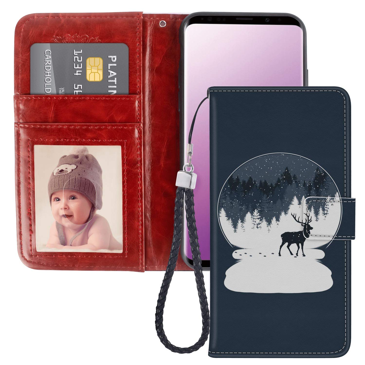 Premium PU Leather Samsung Galaxy S9 Plus Wallet Case with Card Holder, Kickstand & Wrist Strap - Snow Globe Deer Design - Perfect for Everyday Use, Travel & Gift Giving