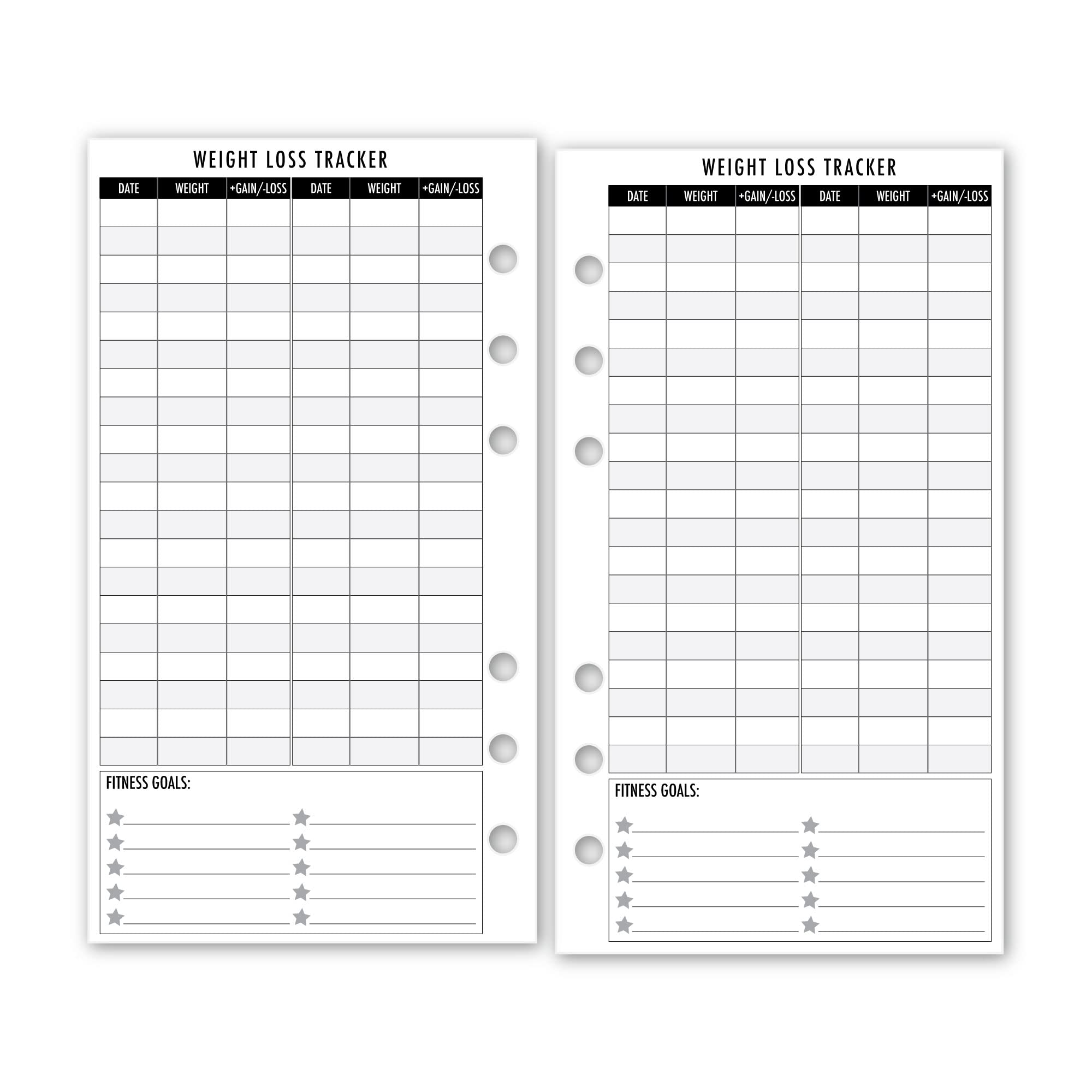 Personal Weight Loss Tracker Planner Refill - 3.74 x 6.73 Inches, 6-Ring Pre-Punched for Filofax, LV MM, Kikki K & Moterm Binders - 30 Sheets/Pack - Perfect for Fitness Journals & Diet Planning