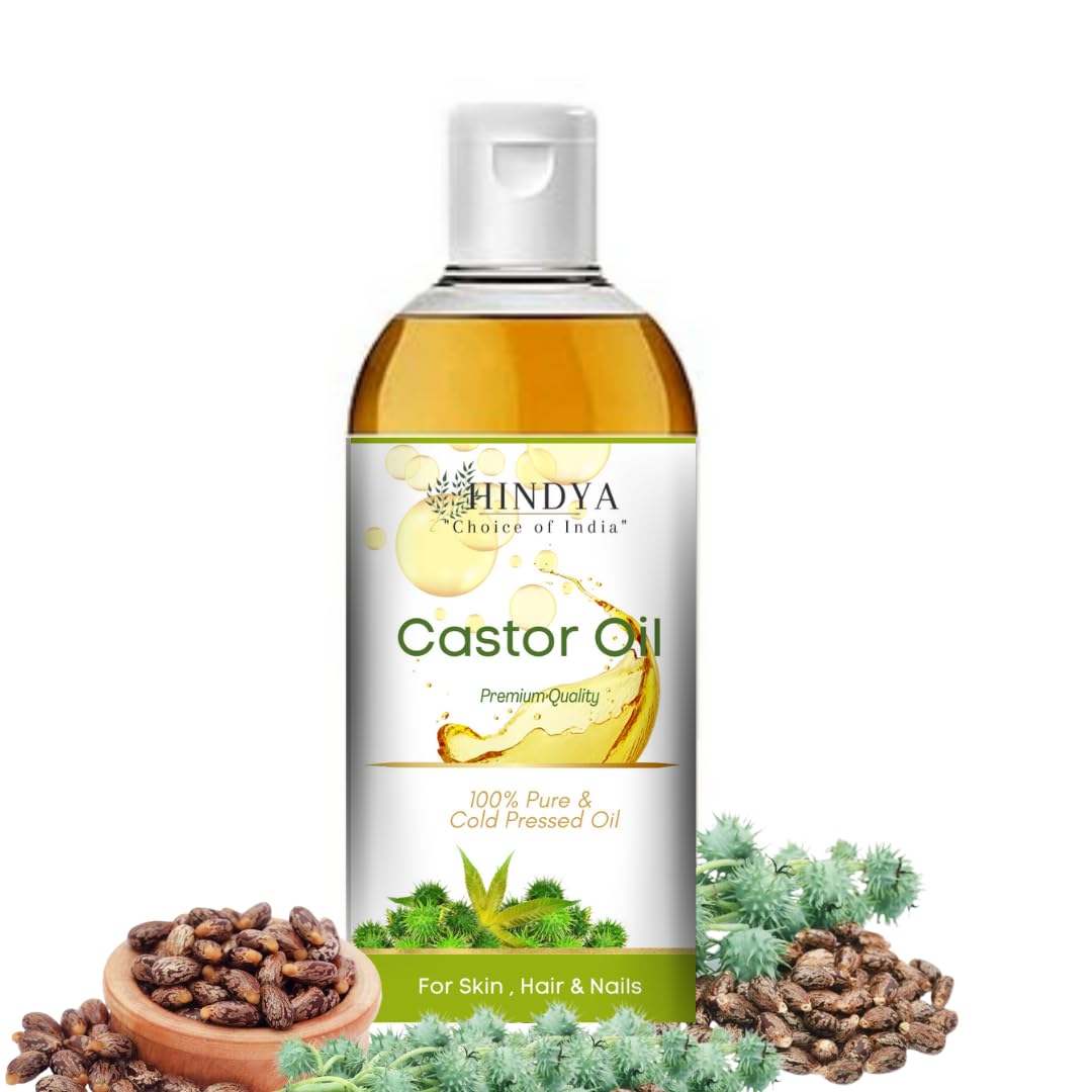 Hindya Ayurvedic Luxury Castor Oil - 100% Natural Cold Pressed Hair & Skin Care Oil | Virgin Grade for Dry Skin, Nails & Eyelash Growth | No Mineral Oil & Silicones | Perfect for Daily Hair Treatment & Natural Beauty Routine