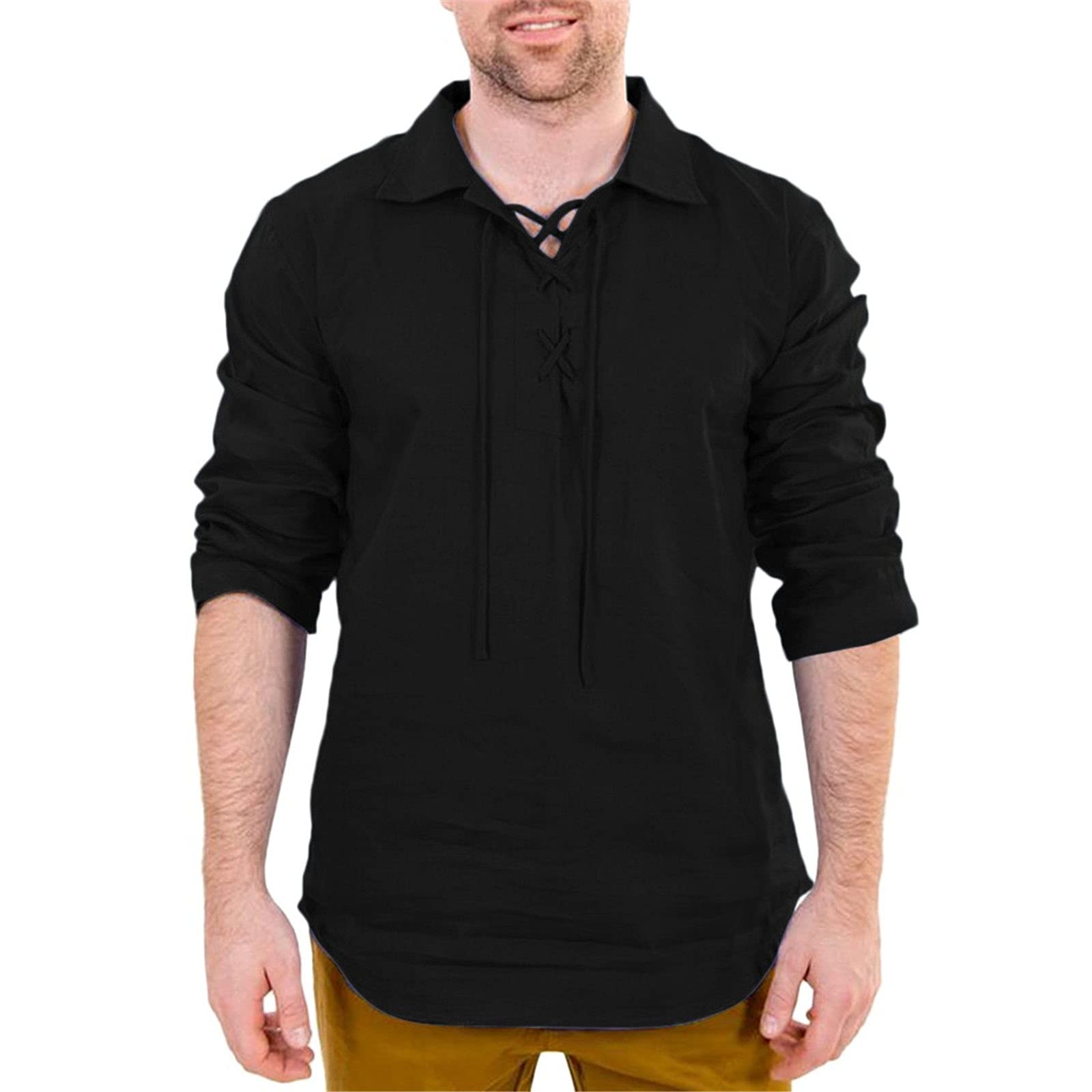 Men's Linen Button Down Shirt - Breathable Cotton Long Sleeve Retro T-Shirt with Drawstring & Relaxed Fit | Casual Wear, Summer Outfits & Beach Vacation Style