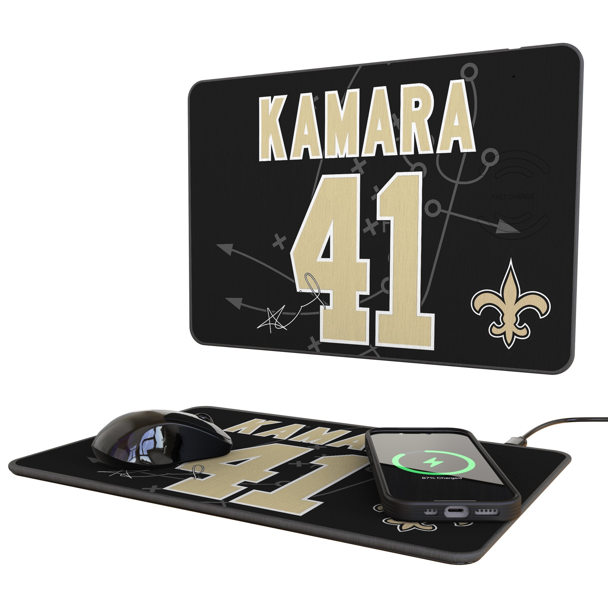 Alvin Kamara New Orleans Saints 41 Game Tactical Wireless Charging Mouse Pad - 15W Fast Charger for iPhone & Android - Perfect for Gaming, Office & Home Desk Setup