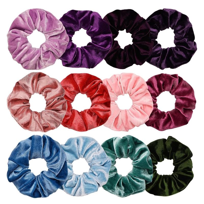 12 Pcs Premium Velvet Hair Scrunchies for Women - Soft Elastic Hair Bands & Ponytail Holders (12 Colors) - Perfect for Workouts, Office & Everyday Styling