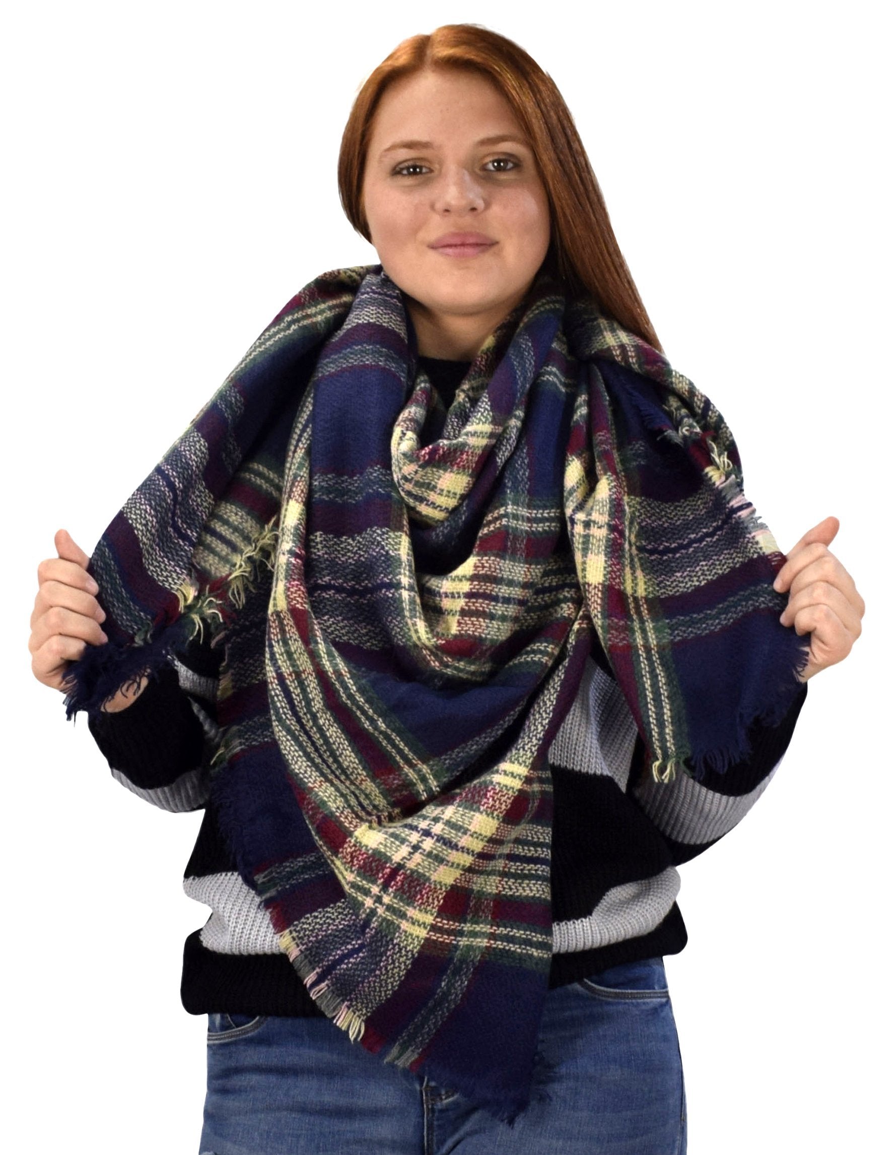 Cozy Tartan Plaid Woven Oversized Scarf Blanket Shawl Wrap - Brown & Navy Checkered - Perfect for Winter Fashion, Outdoor Activities, and Home Decor