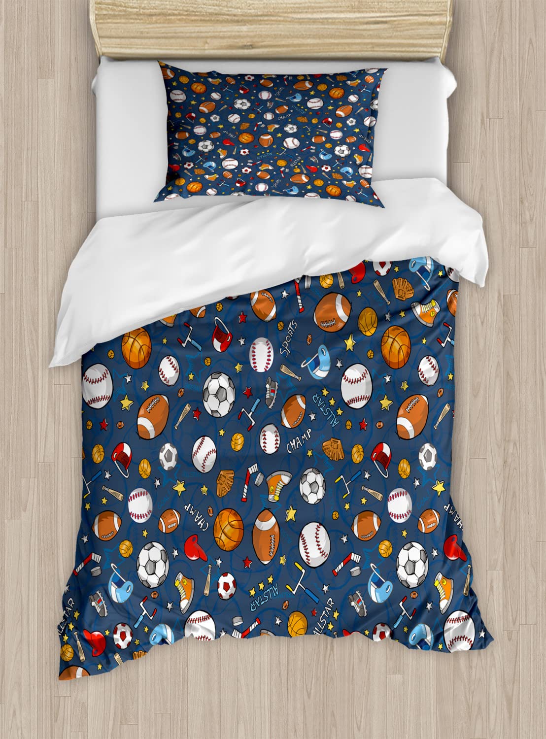 Ambesonne Sports Duvet Cover Set - Basketball, Baseball & Football Gloves Design on Dark Blue Background, Twin Size 2-Pack (2 Duvet Covers + 2 Pillowcases) - Perfect for Kids' Rooms, Sports Themed Bedrooms & Gift for Sports Fans