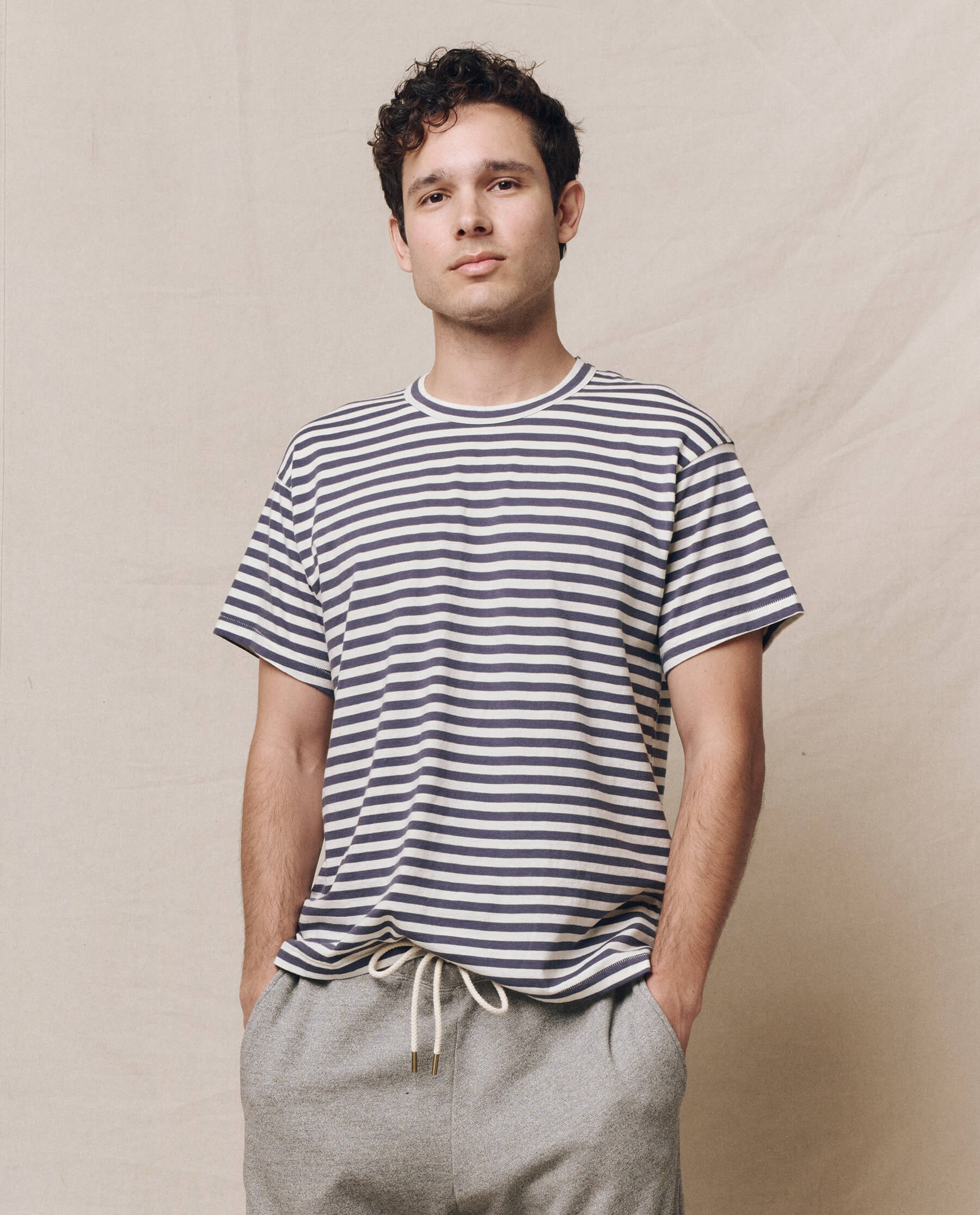 Vintage Blue Stripe Men's Boxy Crew T-Shirt - Casual Comfort Fit Cotton Tee for Everyday Wear & Street Style Outfits