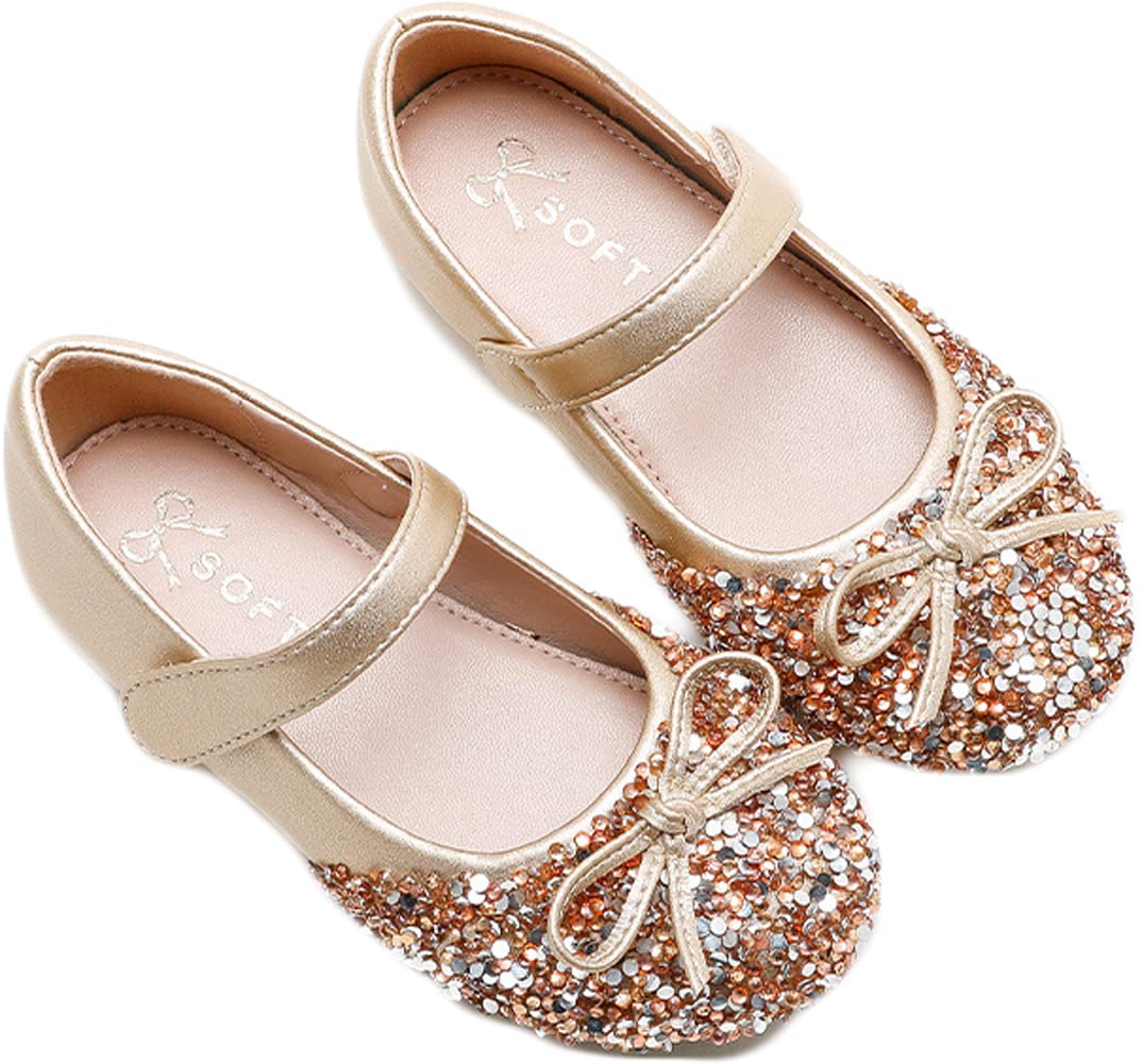 Sparkly Girls Mary Jane Flat Shoes with Bow Knot & Ankle Strap - Princess Style Soft Ballet Flats for Toddlers & Kids - Perfect for Birthday Parties, School, Dress-Up & Everyday Wear