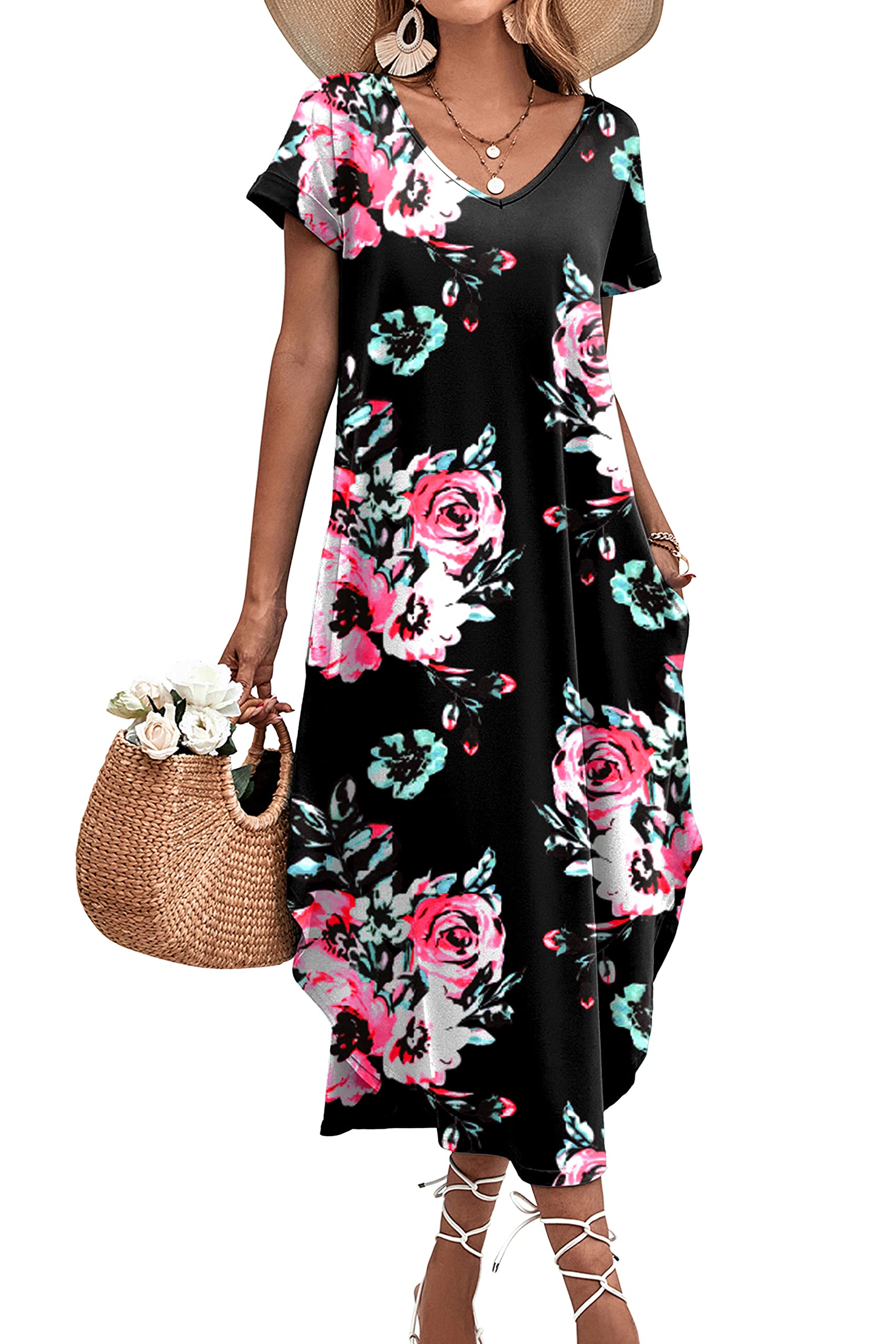 Ekouaer Women's V-Neck Nightgown with Pockets - Short Sleeve Sleepwear Nightshirt with Side Split - Comfortable Long Nightdress Sizes S-3XL - Perfect for Relaxing at Home or Overnight Travel