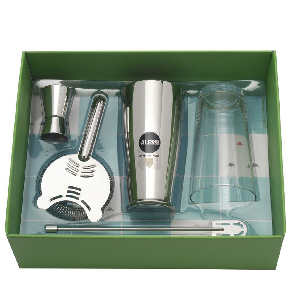 Alessi Il Bar 5050SET Cocktail Accessories Set - 4-Piece Stainless Steel & Glass Barware for Mixing Drinks - Perfect for Home Bars, Parties & Entertaining