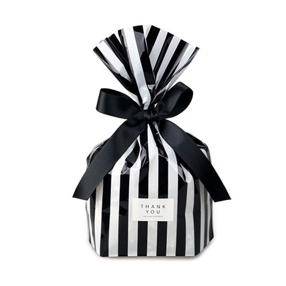 YESON 50-Pack Black Stripe Clear Cello Bags for Candy, Treats & Party Favors - Plastic Cellophane Gift Bags for Weddings, Birthdays & Holiday Packaging