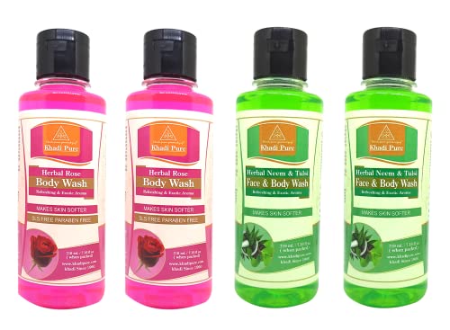 Khadi Pure Neem Tulsi & Rose SLS-Free Body Wash - 210ml (Pack of 4) | Natural Ayurvedic Cleanser for Dry & Sensitive Skin | Perfect for Daily Shower & Spa Relaxation