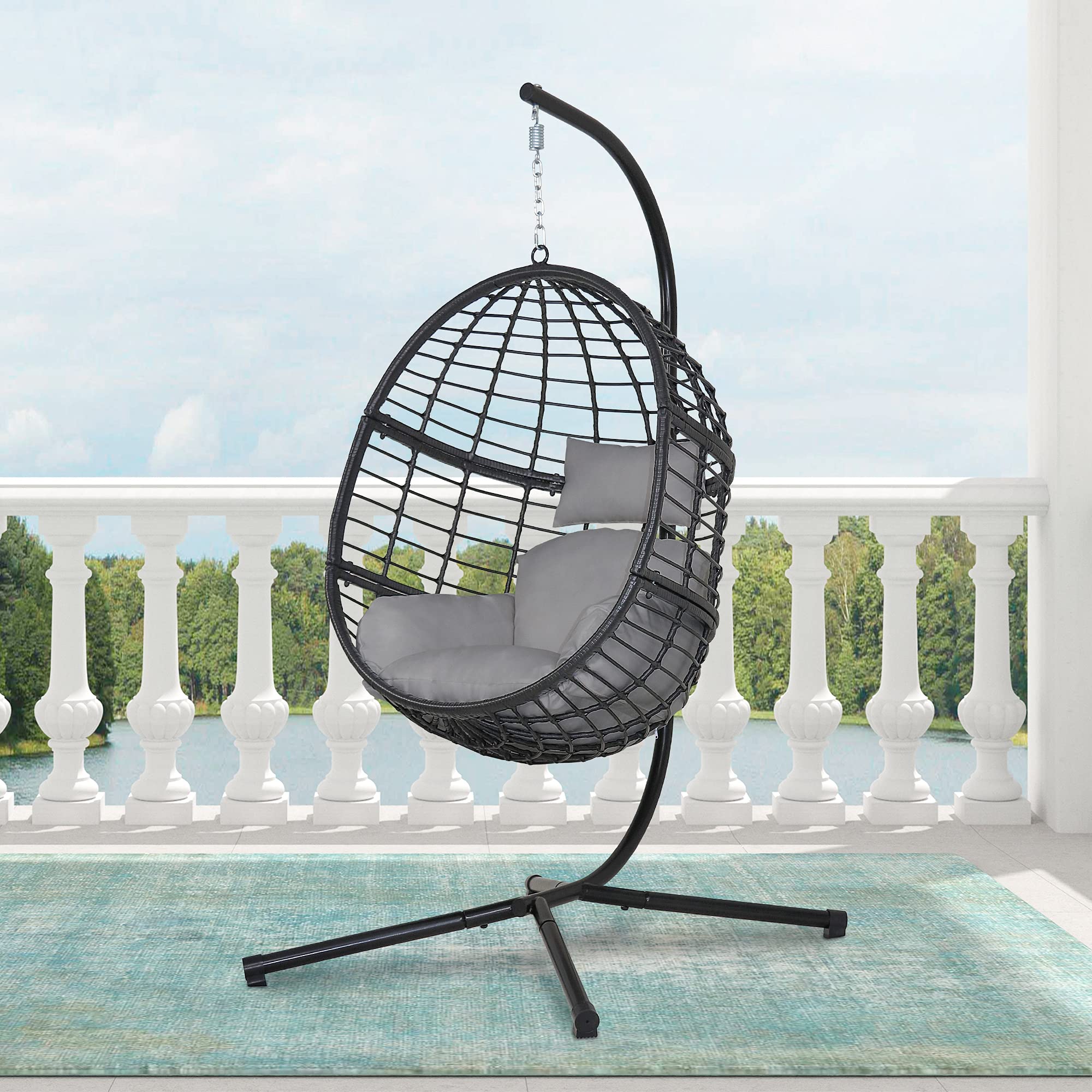 ABBLE Indoor Outdoor Patio Wicker Basket Swing Chair with Stand - Hanging Egg Chair for Backyard, Balcony, Garden - Black Frame & Gray Cushion - Perfect for Relaxing, Reading, and Lounging