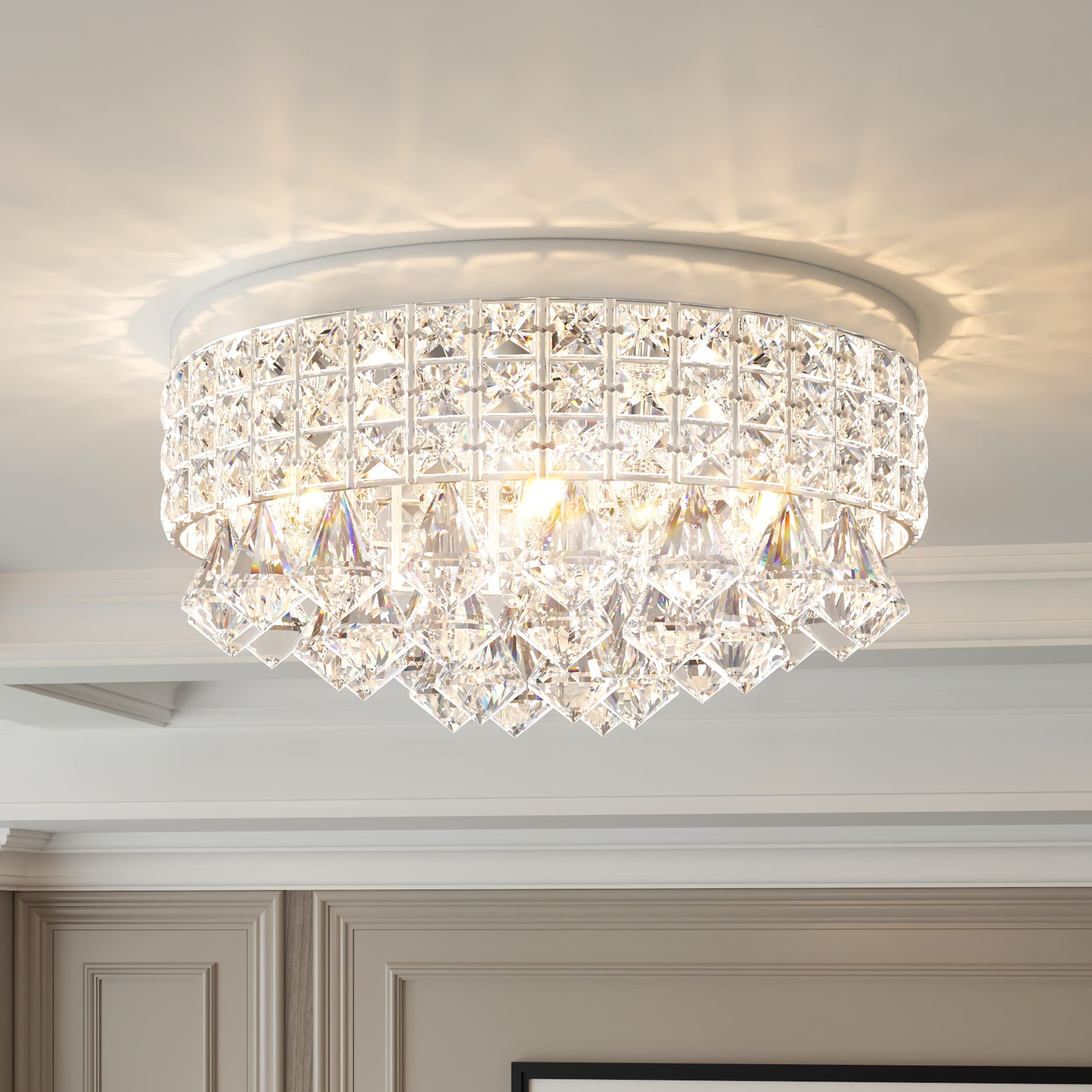 Maxax 4-Light Crystal Chandelier - Modern Drum Ceiling Light Fixture with Raindrop Design, Round Metal Shade Flush Mount Lighting for Dining Room, Living Room, Bedroom & Bathroom - Chrome Finish | Elegant Home Decor & Ambient Lighting Solution