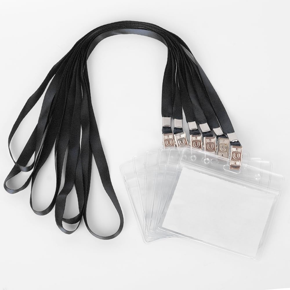 50 Pack Clear Waterproof ID Badge Holder with Lanyard - for School, Business & Events (Black Nylon)