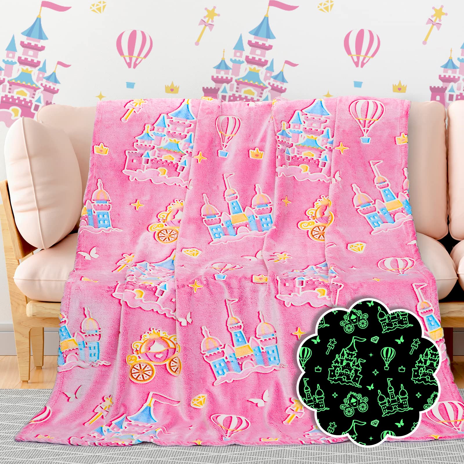 BORORO Princess Blanket for Girls - Glow in The Dark Pink Castle Blanket, Soft & Cozy Birthday Gift for Toddlers, Kids, Women | Perfect for Bedtime, Movie Nights & Princess-Themed Parties